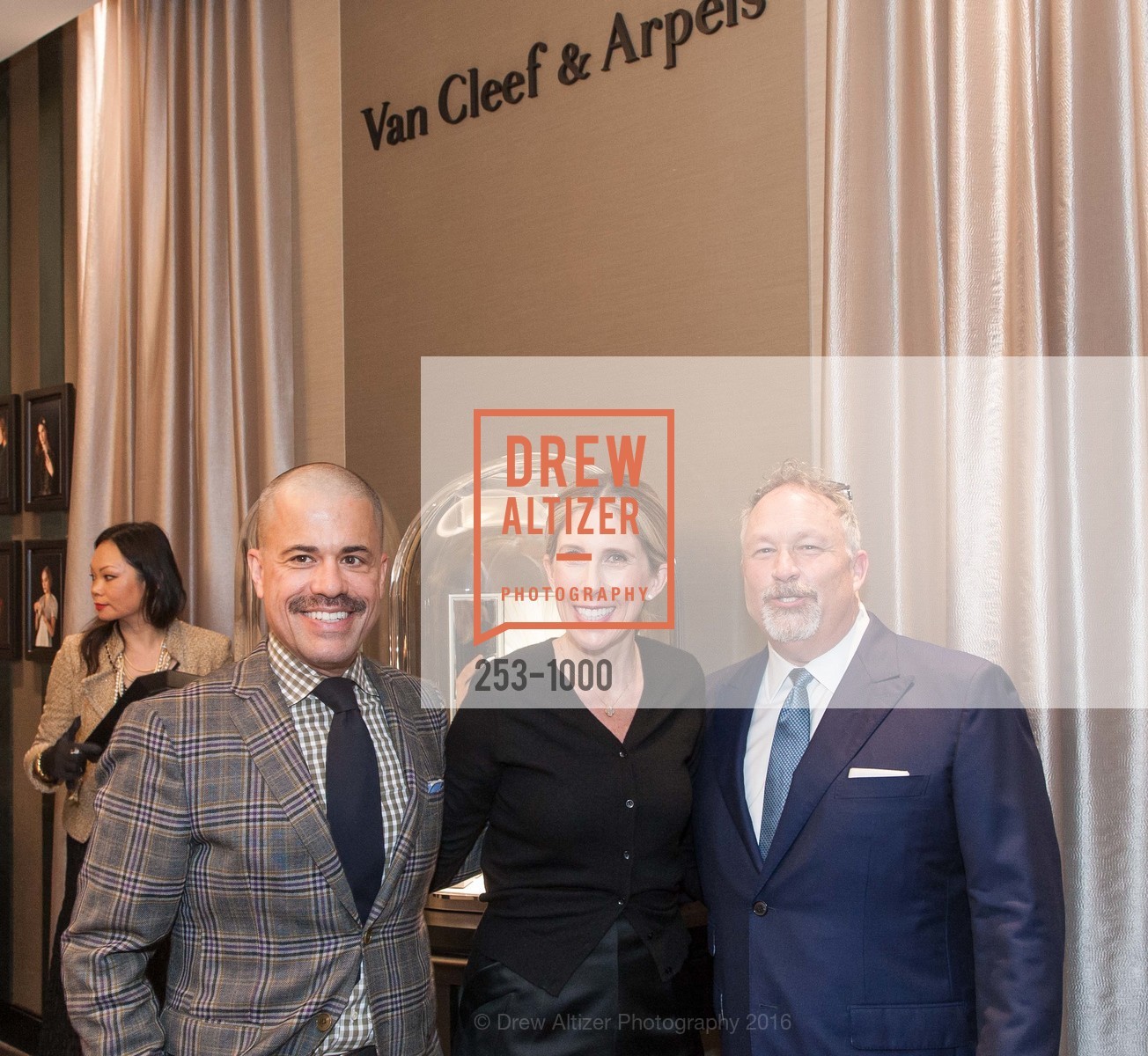 Marco Pessoa, Alicia Grenville, Miles Woodleaf, Neiman Marcus cocktail party for Van Cleef & Arpels, Neiman Marcus. 150 Stockton, March 2nd, 2016, Photo #253-1000 Marco Pessoa, Alicia Grenville, Miles Woodleaf, Photo #253-1000