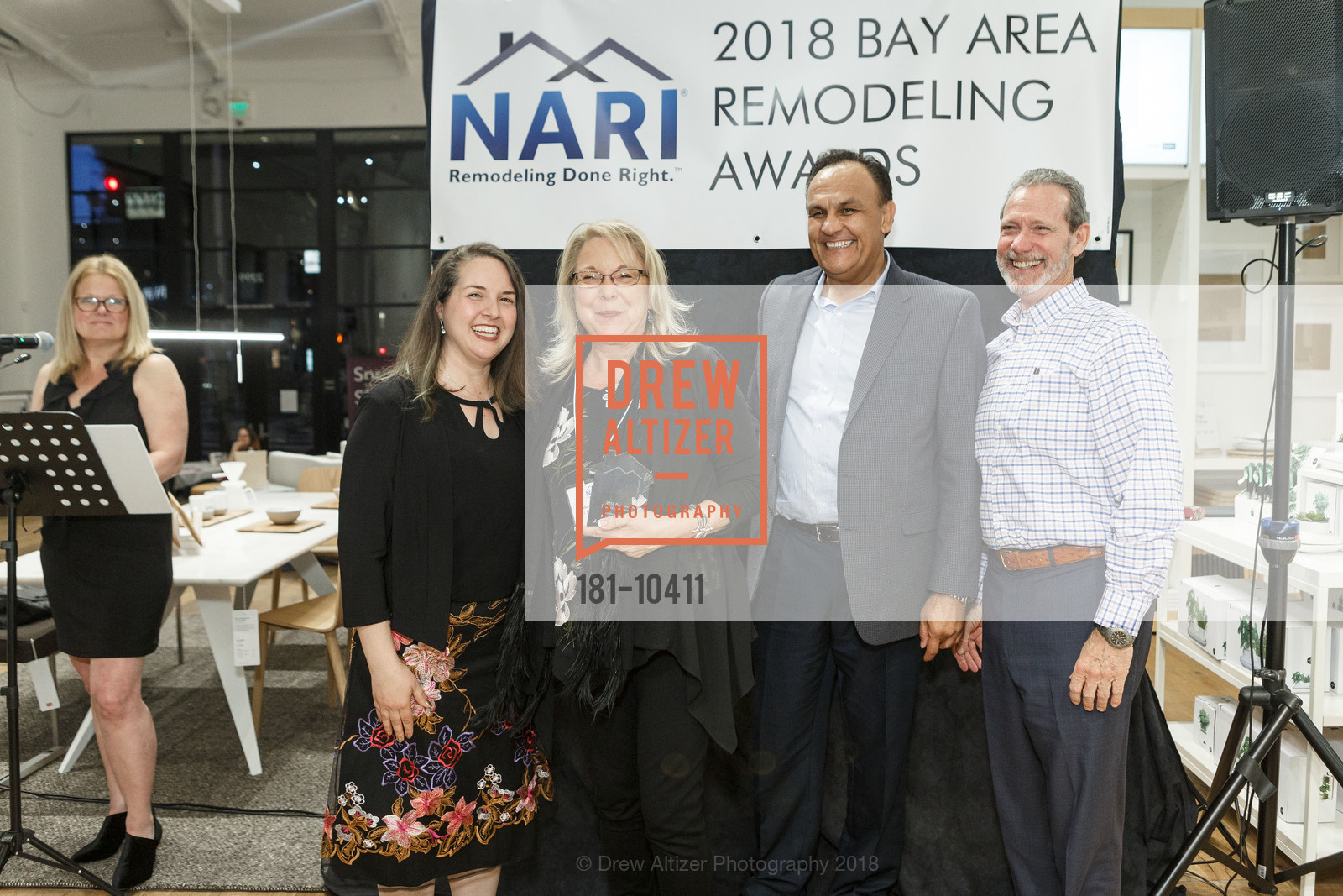 Alisa Hofmann, Toni Boren, Sultan Nabkel, Gary LaMusga, NARI Bay Area Remodeling Awards, EQ3. 2299 Alameda St, April 11th, 2018, Photo #181-10411 Alisa Hofmann, Toni Boren, Sultan Nabkel, Gary LaMusga, Photo #181-10411