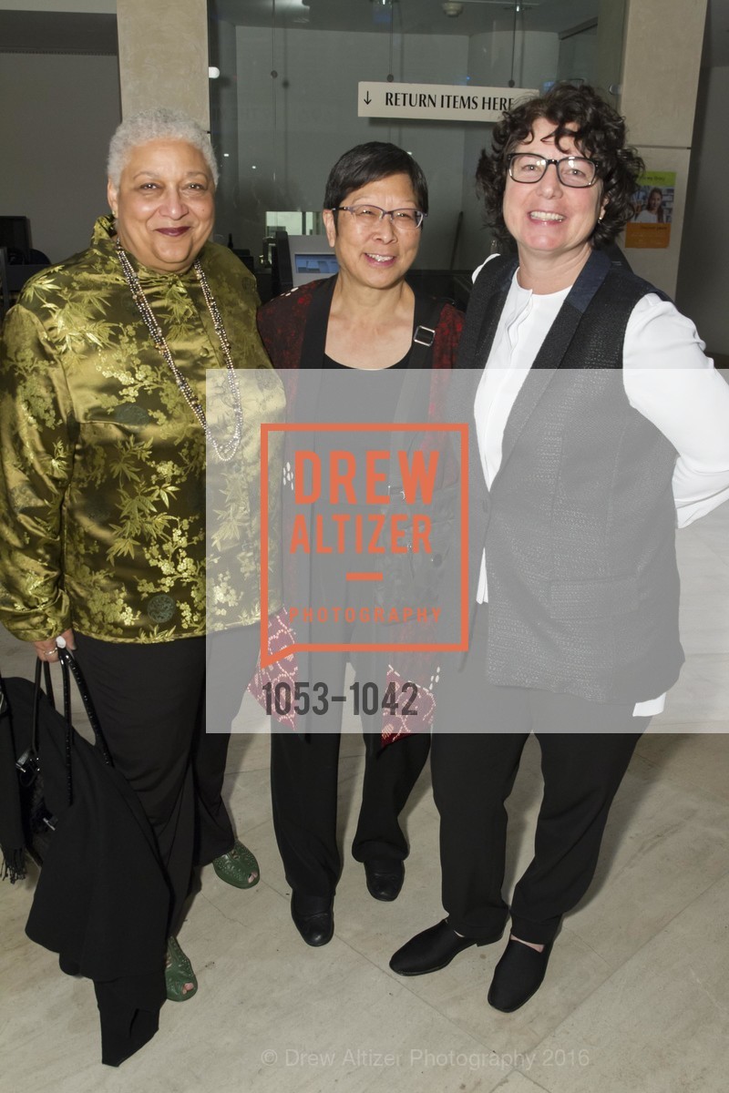 Jewelle Gomez, Teresa Ono, Lucie Faulknor, 2016 Library Laureates Gala, SF Library. 100 Larkin St, San Francisco, CA 94102, March 18th, 2016, Photo #1053-1042 Jewelle Gomez, Teresa Ono, Lucie Faulknor, Photo #1053-1042