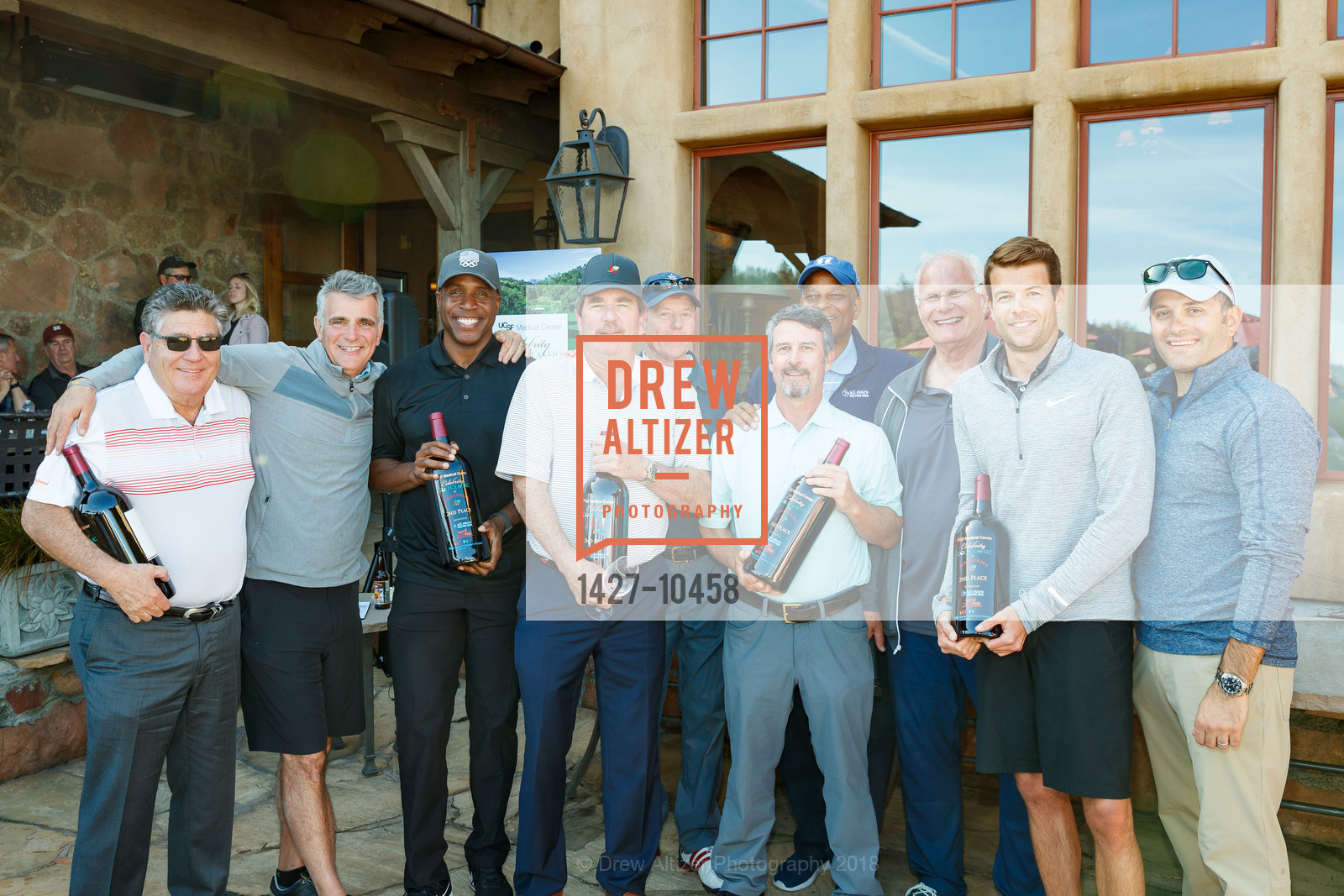 Fred Biagi, Rick Tigner, Barry Bonds, Greg Biagi, Steve Richardson, Mike Feeny, Ronnie Lott, Mark Laret, Jonathan Hollister, Anthony Perez, UCSF Medical Center Celebrity Golf Classic at Mayacama, Mayacama Golf Club. 1240 Mayacama Club Drive, April 17th, 2018, Photo #1427-10458 Fred Biagi, Rick Tigner, Barry Bonds, Greg Biagi, Steve Richardson, Mike Feeny, Ronnie Lott, Mark Laret, Jonathan Hollister, Anthony Perez, Photo #1427-10458