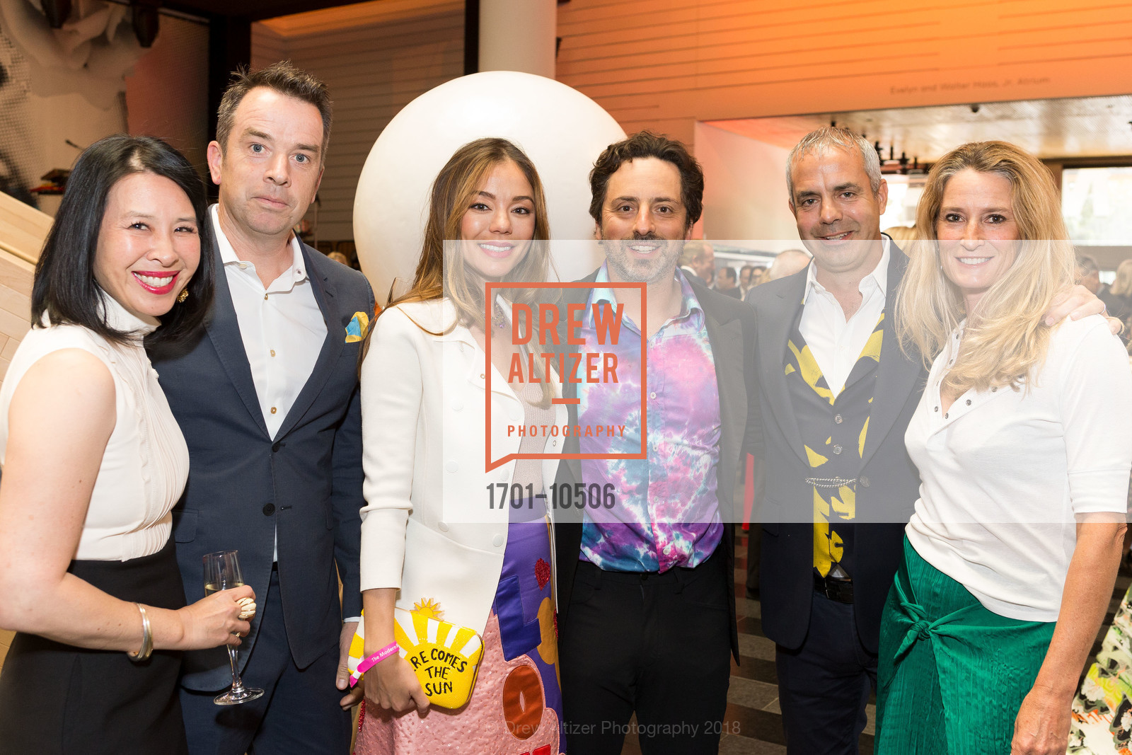 Lisa O'Kelly, Kiran O'Kelly, Nicole Shanahan, Sergey Brin, Kevin Johnson, Melinda Johnson, SFMOMA Modern Ball 2018, SFMOMA. 171 Natoma Street, San Francisco, CA, April 25th, 2018, Photo #1701-10506 Lisa O'Kelly, Kiran O'Kelly, Nicole Shanahan, Sergey Brin, Kevin Johnson, Melinda Johnson, Photo #1701-10506