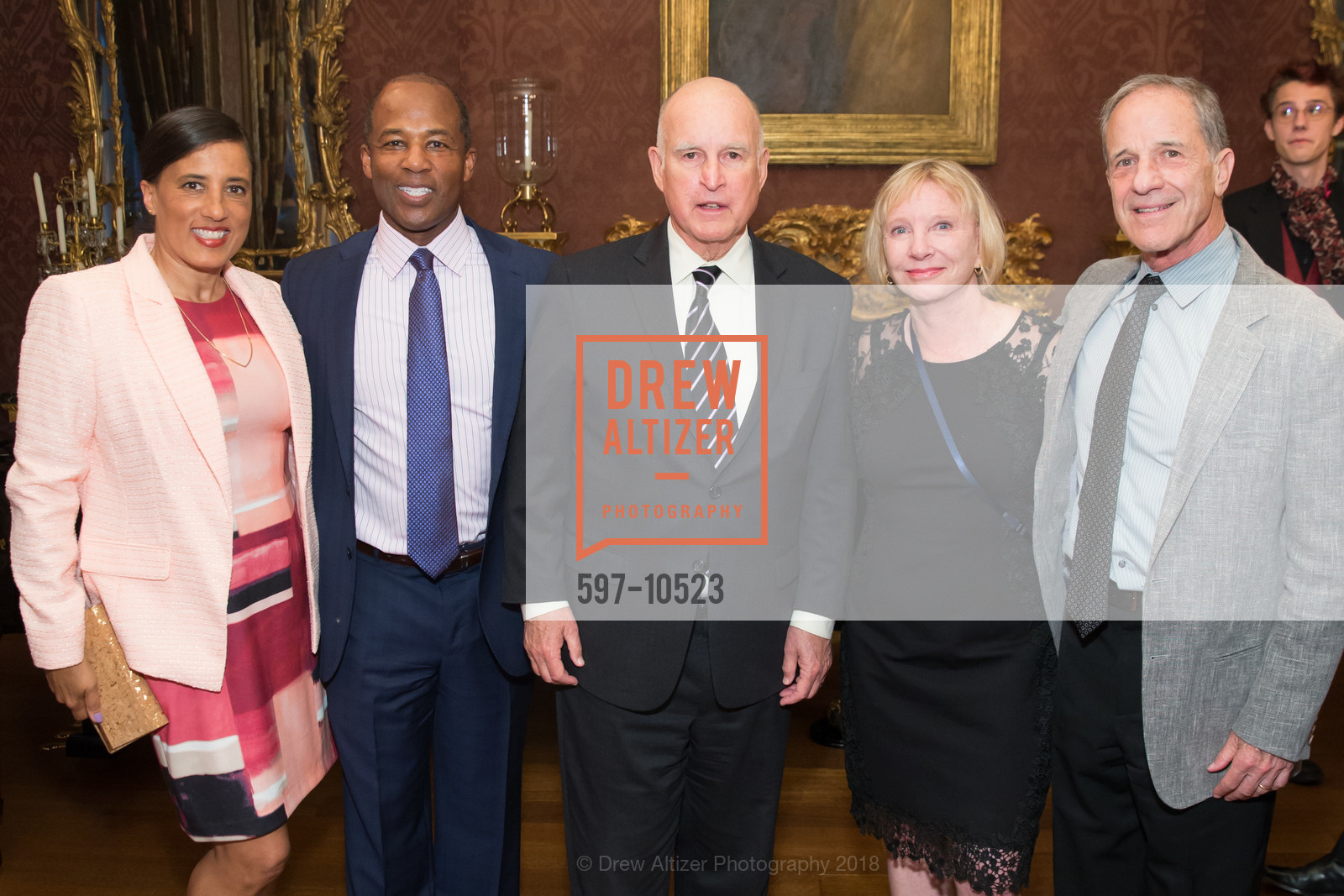 Janine Carter, Ken Brooks, Jerry Brown, Becky Eisen, Bruce Lawrence, Gordon and Ann Getty Host Oakland School for the Arts, Private Residence, April 26th, 2018, Photo #597-10523 Janine Carter, Ken Brooks, Jerry Brown, Becky Eisen, Bruce Lawrence, Photo #597-10523