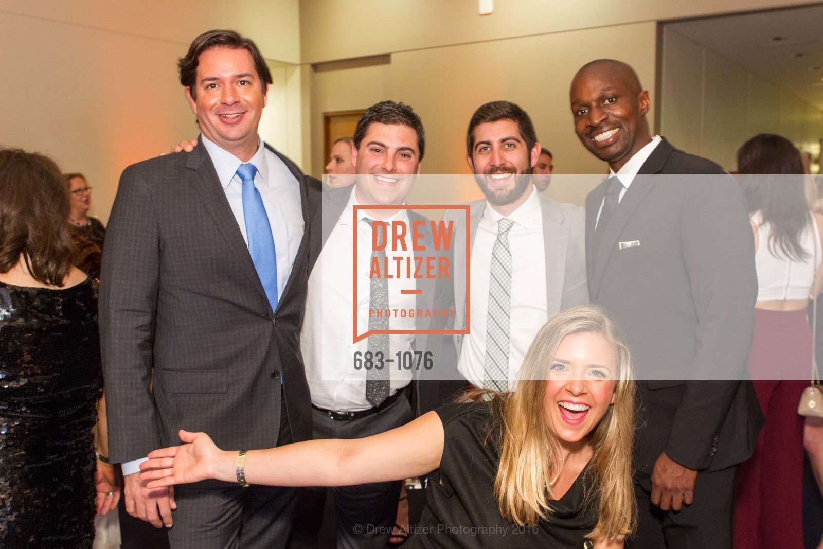 Dan Cassell, Marco Vincenti, Josh Samaha, Melissa Stoller, Kolapo Odujinrin, Spinsters of San Francisco: Patrons Gala 2016, The Presido, Observation Post. 211 Lincoln Blvd San Francisco, CA 94129, April 2nd, 2016, Photo #683-1076 Dan Cassell, Marco Vincenti, Josh Samaha, Melissa Stoller, Kolapo Odujinrin, Photo #683-1076