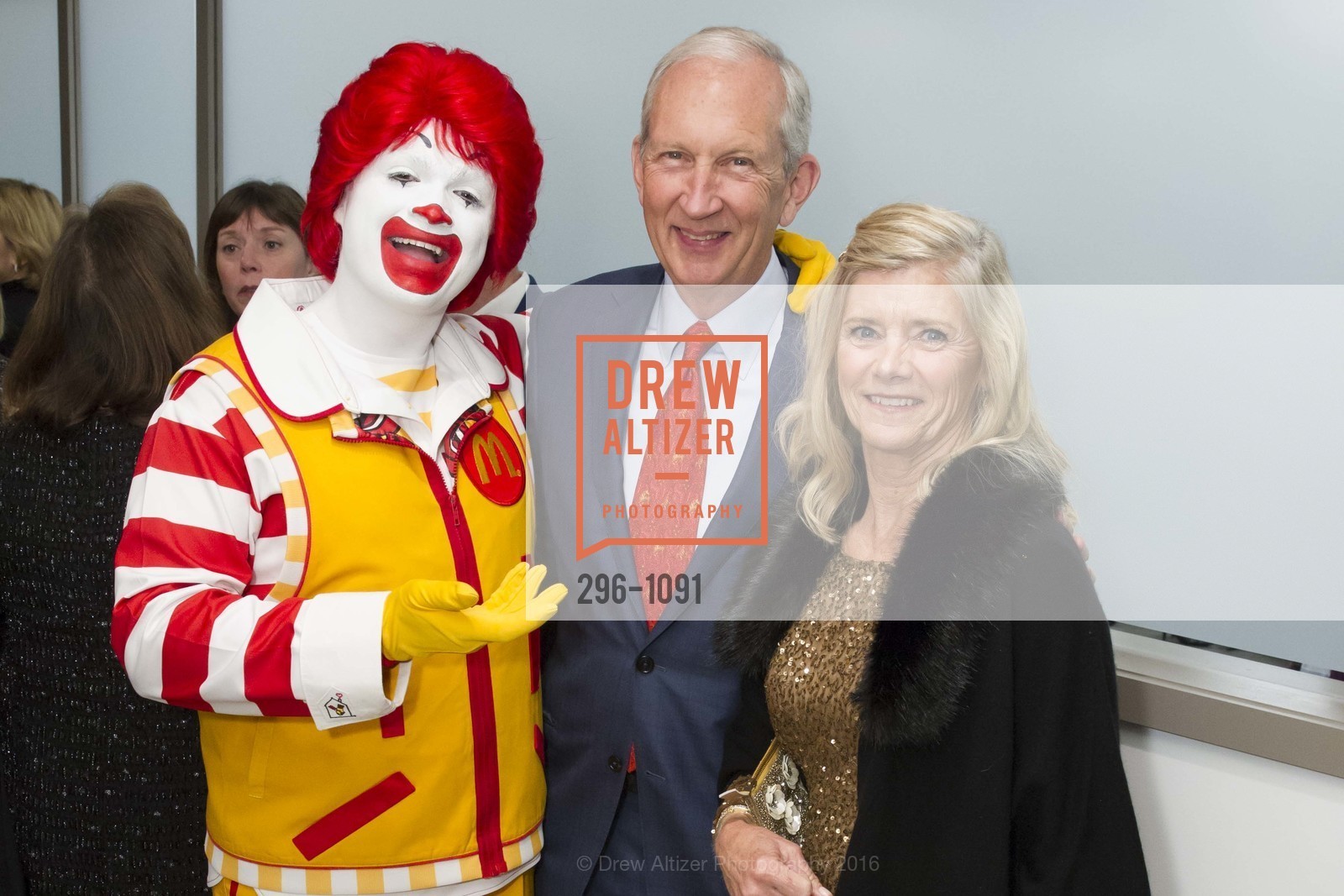 Ronald McDonald, Fred Kittler, Julie Brody, Ronald McDonald House at Stanford's House Party "Raise the Roof", New House. 510 Sand Hill Road, April 9th, 2016, Photo #296-1091 Ronald McDonald, Fred Kittler, Julie Brody, Photo #296-1091