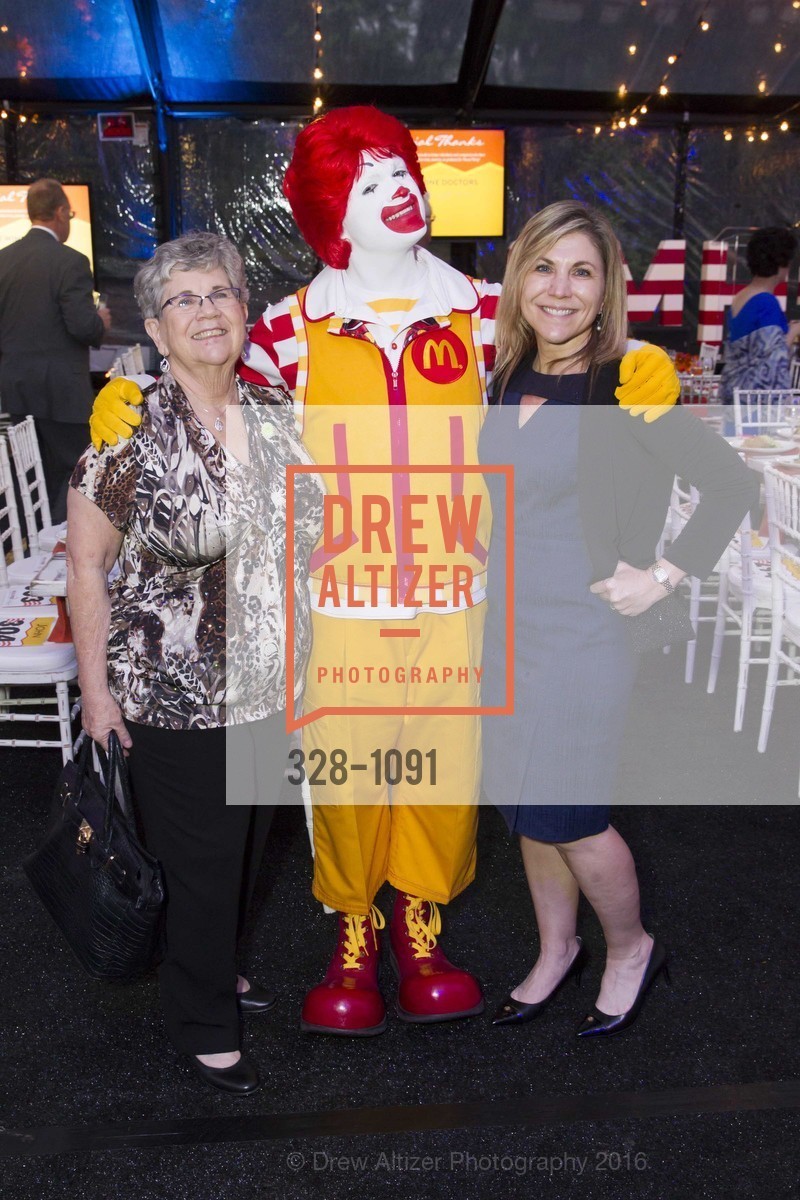 Sandy Griffith, Ronald McDonald, Mary Fuller, Ronald McDonald House at Stanford's House Party "Raise the Roof", New House. 510 Sand Hill Road, April 9th, 2016, Photo #328-1091 Sandy Griffith, Ronald McDonald, Mary Fuller, Photo #328-1091