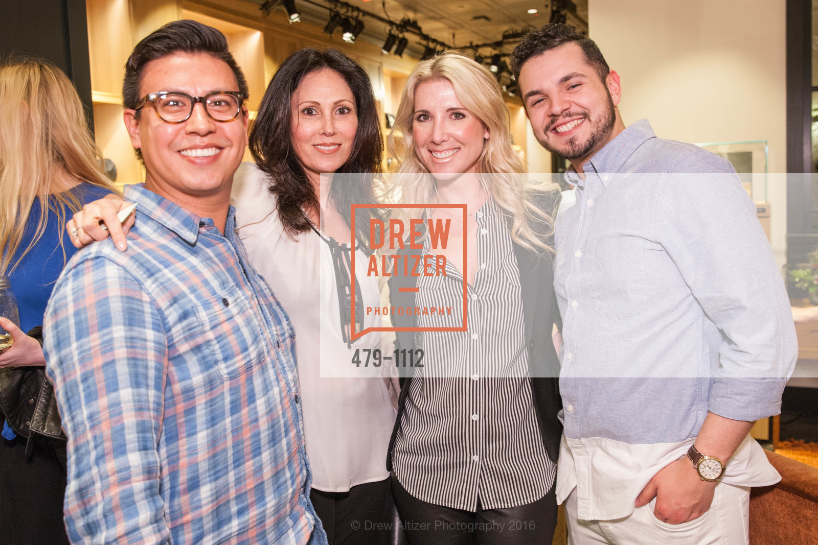Shane Cisneros, Christine Rauvini, Samantha Hartwell, Estevan Galvan, Shinola's Leather Trunk Show with Richard Lambertson & John Truex, Shinola. 722 Montgomery St, April 14th, 2016, Photo #479-1112 Shane Cisneros, Christine Rauvini, Samantha Hartwell, Estevan Galvan, Photo #479-1112