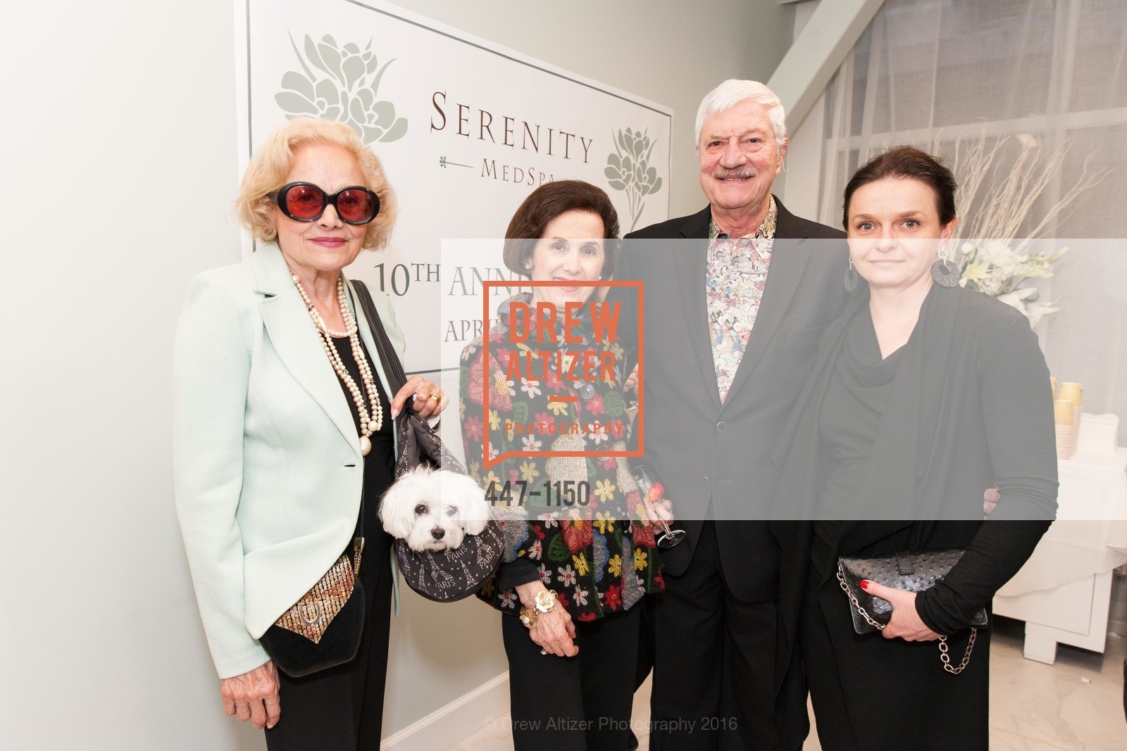 Nanci Fisher, Truffles, Diane Paskerian, Chuck Paskerian, Dalina Koulieva, Serenity MedSpa Red Carpet 10th Anniversary, Serenity MedSpa. 126 Post, 2nd floor, April 28th, 2016, Photo #447-1150 Nanci Fisher, Truffles, Diane Paskerian, Chuck Paskerian, Dalina Koulieva, Photo #447-1150
