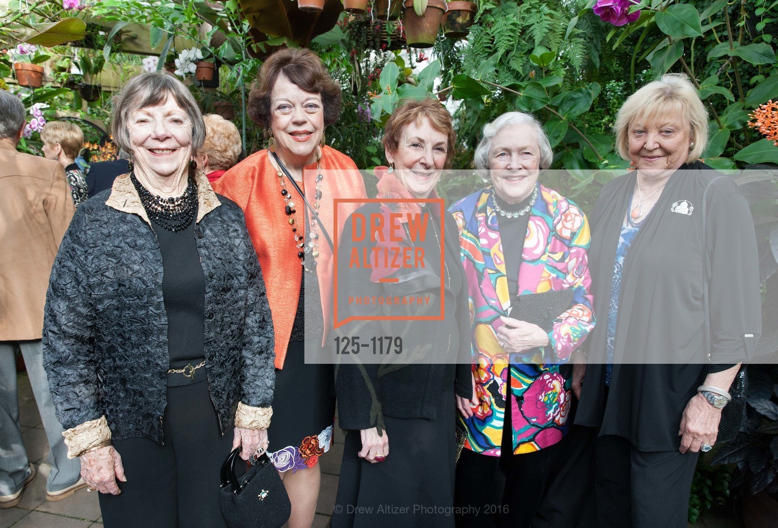 Donna Ellis, Ann Colvin, Sally Ketchum, Marianne Peterson, Jean Lee, Conservatory of Flowers' Gala Under Glass, Conservatory of Flowers. 100 John F. Kennedy Drive, May 5th, 2016, Photo #125-1179 Donna Ellis, Ann Colvin, Sally Ketchum, Marianne Peterson, Jean Lee, Photo #125-1179