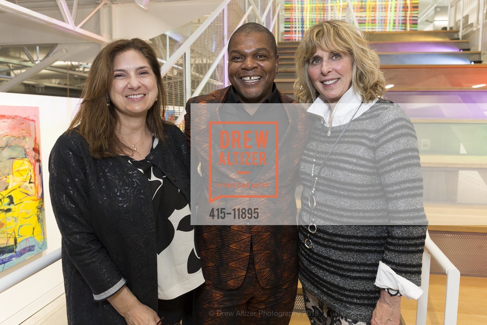 Regina Scully, Kehinde Wiley, Bonnie Levinson, San Francisco Art Institute Hosts Artist's Reception for Kehinde Wiley, SFAI Fort Mason Campus. Pier 2, Fort Mason, May 13th, 2018, Photo #415-11895 Regina Scully, Kehinde Wiley, Bonnie Levinson, Photo #415-11895