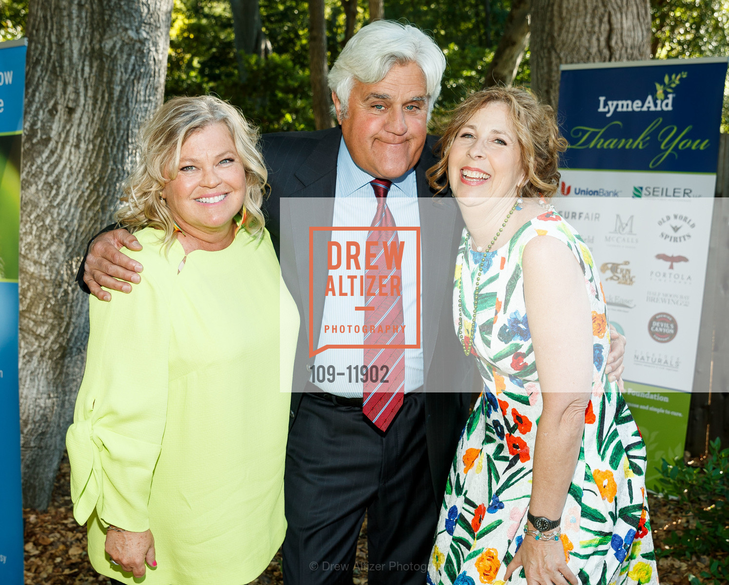 Linda Giampa, Jay Leno, Laure Woods, LymeAid 2018 Benefitting Bay Area Lyme Foundation, Private Residence, Photo #109-11902 Linda Giampa, Jay Leno, Laure Woods, Photo #109-11902