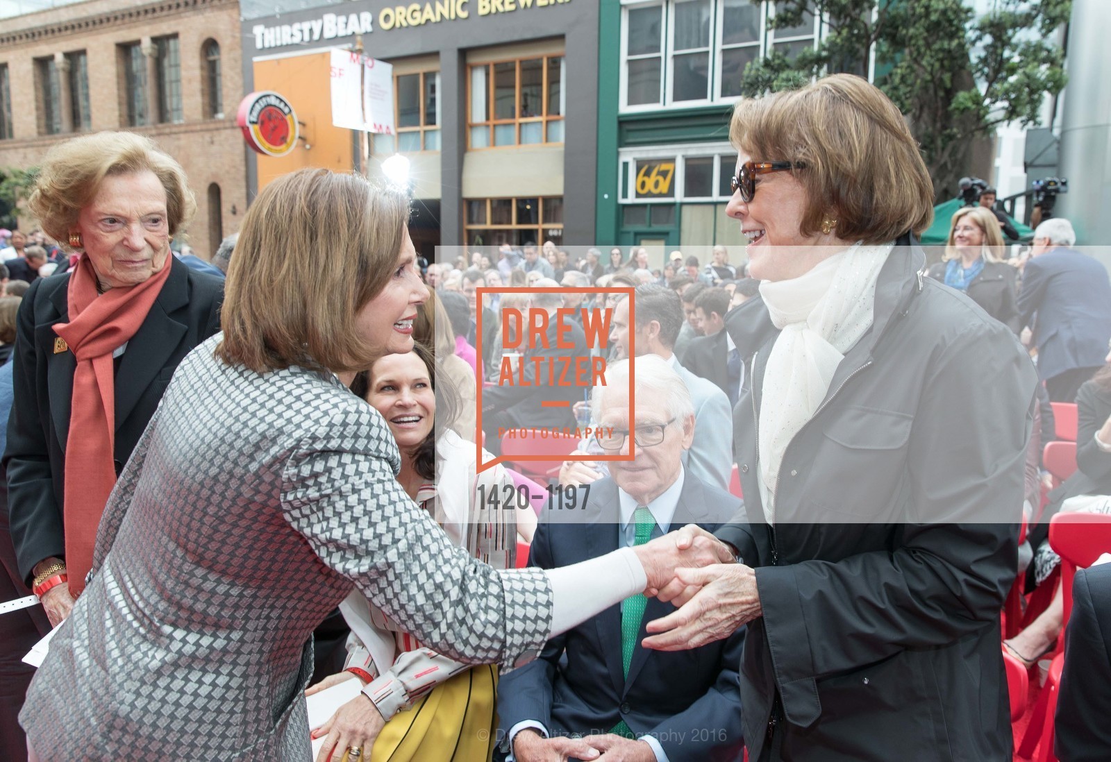 Nancy Pelosi, Charles Schwab, Helen Schwab, SFMOMA Ribbon Cutting Opening Day, SFMOMA. 151 3rd St, May 13th, 2016, Photo #1420-1197 Nancy Pelosi, Charles Schwab, Helen Schwab, Photo #1420-1197
