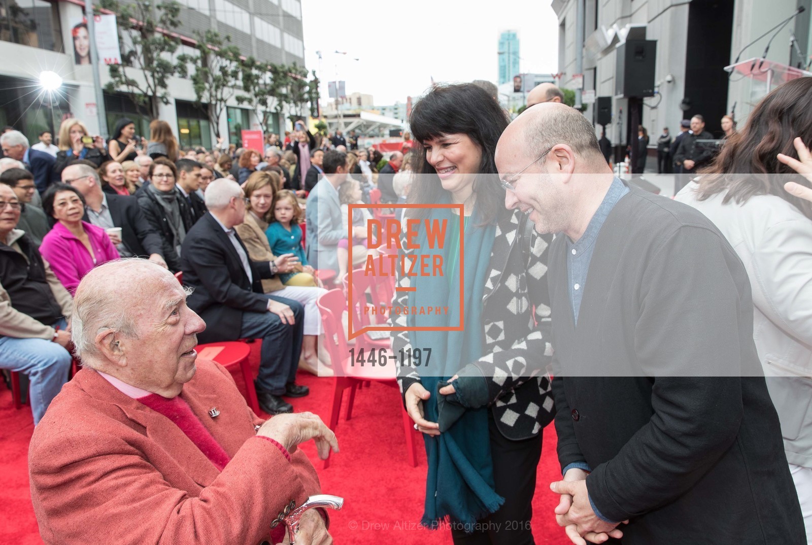 George Shultz, Elaine Molinar, Craig Dykers, SFMOMA Ribbon Cutting Opening Day, SFMOMA. 151 3rd St, May 13th, 2016, Photo #1446-1197 George Shultz, Elaine Molinar, Craig Dykers, Photo #1446-1197