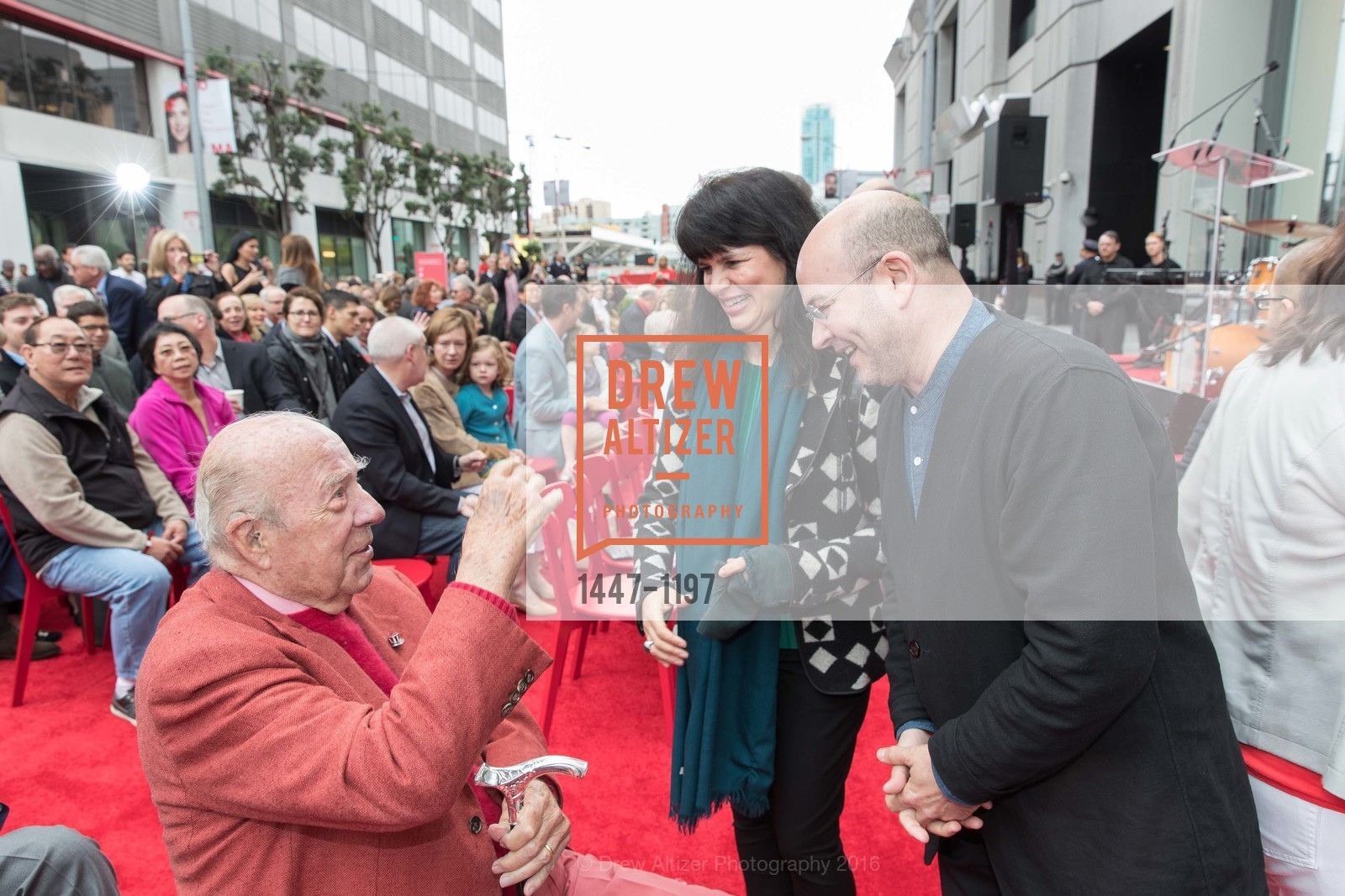 George Shultz, Elaine Molinar, Craig Dykers, SFMOMA Ribbon Cutting Opening Day, SFMOMA. 151 3rd St, May 13th, 2016, Photo #1447-1197 George Shultz, Elaine Molinar, Craig Dykers, Photo #1447-1197