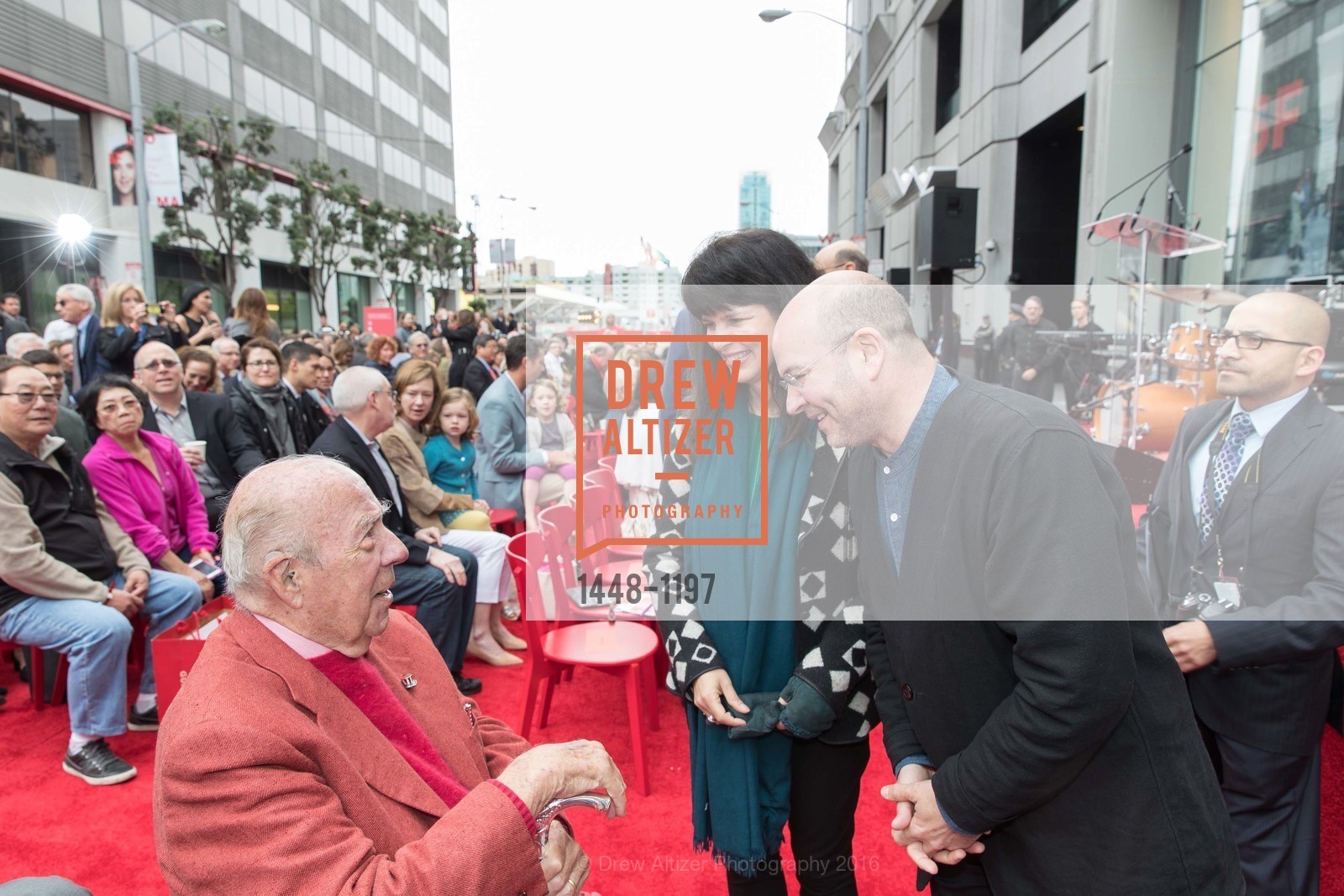 George Shultz, Elaine Molinar, Craig Dykers, SFMOMA Ribbon Cutting Opening Day, SFMOMA. 151 3rd St, May 13th, 2016, Photo #1448-1197 George Shultz, Elaine Molinar, Craig Dykers, Photo #1448-1197