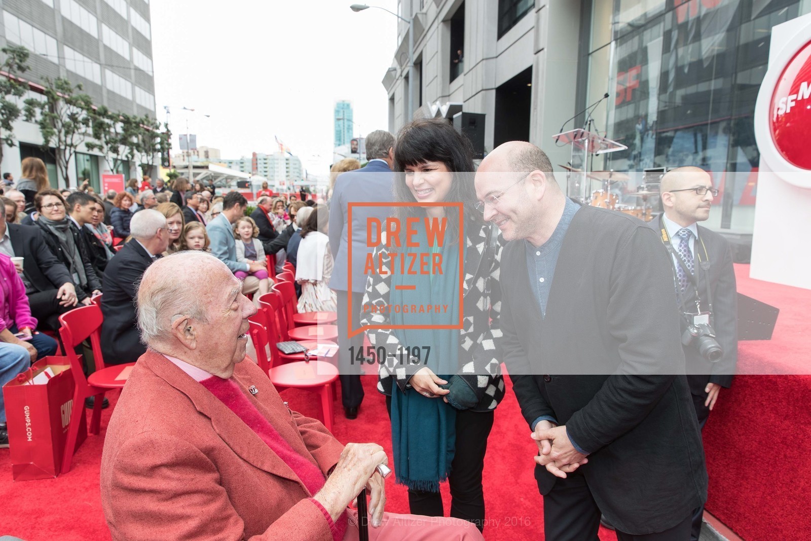 George Shultz, Elaine Molinar, Craig Dykers, SFMOMA Ribbon Cutting Opening Day, SFMOMA. 151 3rd St, May 13th, 2016, Photo #1450-1197 George Shultz, Elaine Molinar, Craig Dykers, Photo #1450-1197