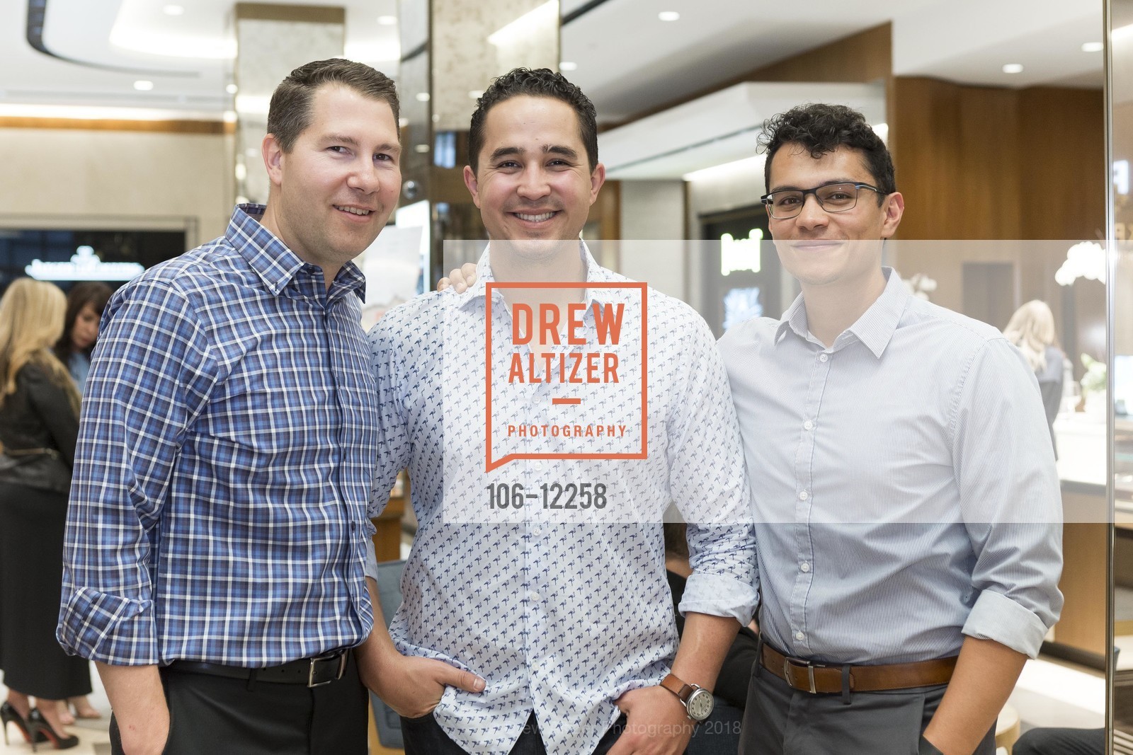 Marlon Maloney, Bobby Huerta, Andy Kong, The Stuff book party at Shreve & Co. 2018, Shreve & Co. 150 Post St, May 22nd, 2018, Photo #106-12258 Marlon Maloney, Bobby Huerta, Andy Kong, Photo #106-12258