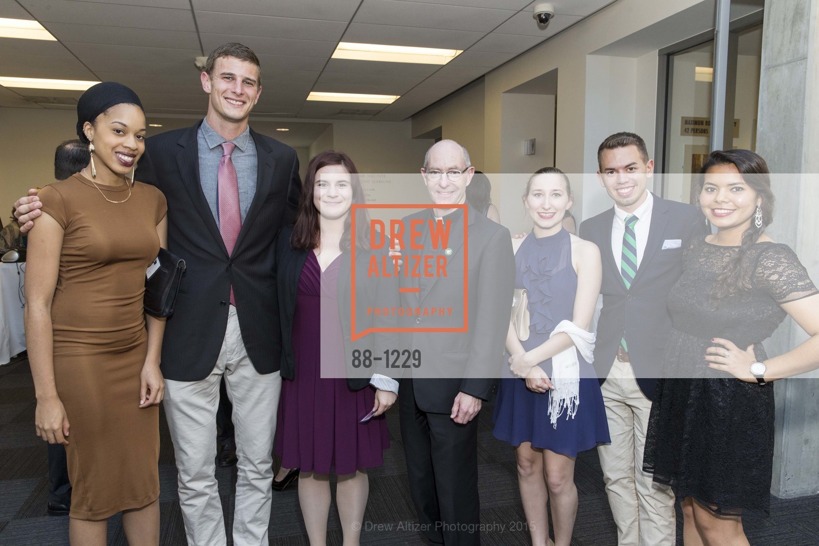 Monique Taylor, Charlie Kain-Williams, Kaitlin Thaxton Elkins, Father Paul Fitzgerald, Dylan Moore, Joseph Jordan, Esmeralda Garcia, USF California Prize Dinner, University of San Francisco. San Francisco, California, March 29th, 2015, Photo #88-1229 Monique Taylor, Charlie Kain-Williams, Kaitlin Thaxton Elkins, Father Paul Fitzgerald, Dylan Moore, Joseph Jordan, Esmeralda Garcia, Photo #88-1229