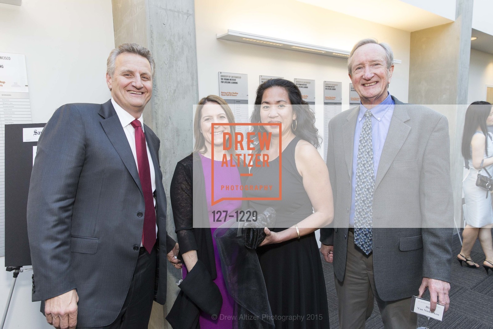 Jeff Johnson, Jennifer Kirschbaum, Kay Phan, Bill van Niekerken, USF California Prize Dinner, University of San Francisco. San Francisco, California, March 29th, 2015, Photo #127-1229 Jeff Johnson, Jennifer Kirschbaum, Kay Phan, Bill van Niekerken, Photo #127-1229