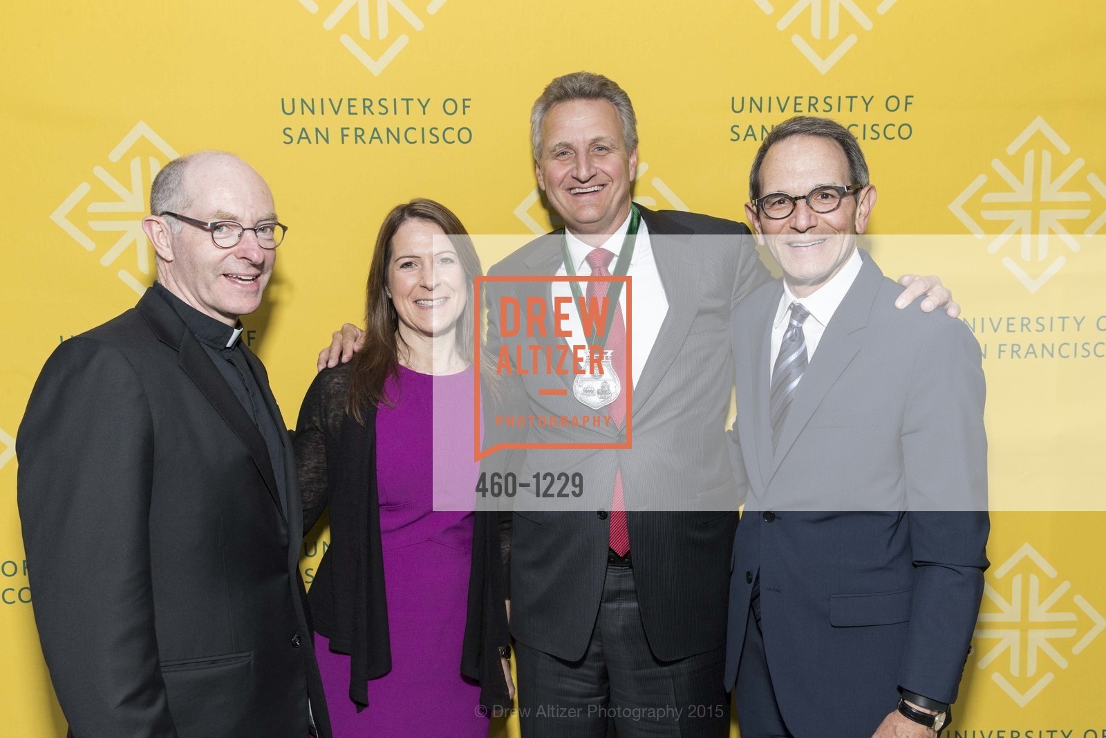 Father Paul Fitzgerald, Jennifer Kirschenbaum, Jeff Johnson, Ira Hirschbaum, USF California Prize Dinner, University of San Francisco. San Francisco, California, March 29th, 2015, Photo #460-1229 Father Paul Fitzgerald, Jennifer Kirschenbaum, Jeff Johnson, Ira Hirschbaum, Photo #460-1229