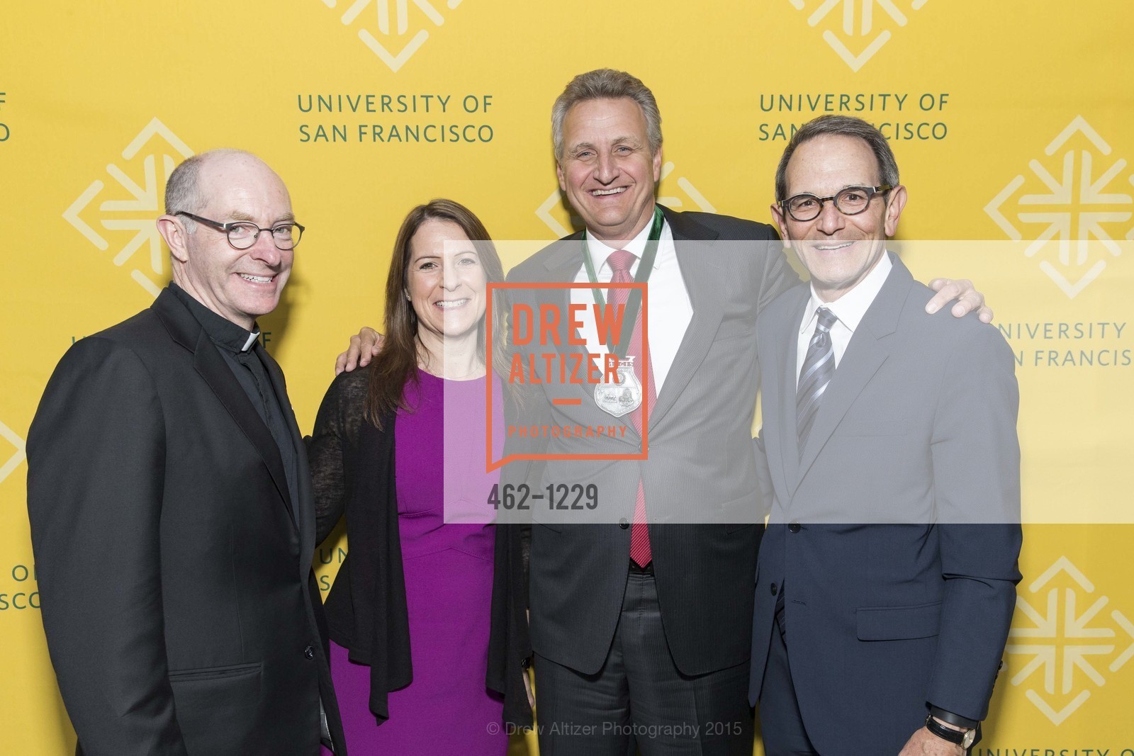 Father Paul Fitzgerald, Jennifer Kirschenbaum, Jeff Johnson, Ira Hirschbaum, USF California Prize Dinner, University of San Francisco. San Francisco, California, March 29th, 2015, Photo #462-1229 Father Paul Fitzgerald, Jennifer Kirschenbaum, Jeff Johnson, Ira Hirschbaum, Photo #462-1229