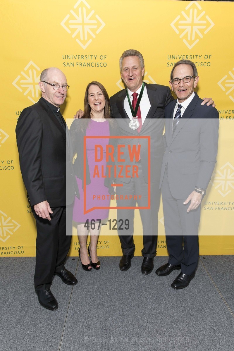 Father Paul Fitzgerald, Jennifer Kirschenbaum, Jeff Johnson, Ira Hirschbaum, USF California Prize Dinner, University of San Francisco. San Francisco, California, March 29th, 2015, Photo #467-1229 Father Paul Fitzgerald, Jennifer Kirschenbaum, Jeff Johnson, Ira Hirschbaum, Photo #467-1229
