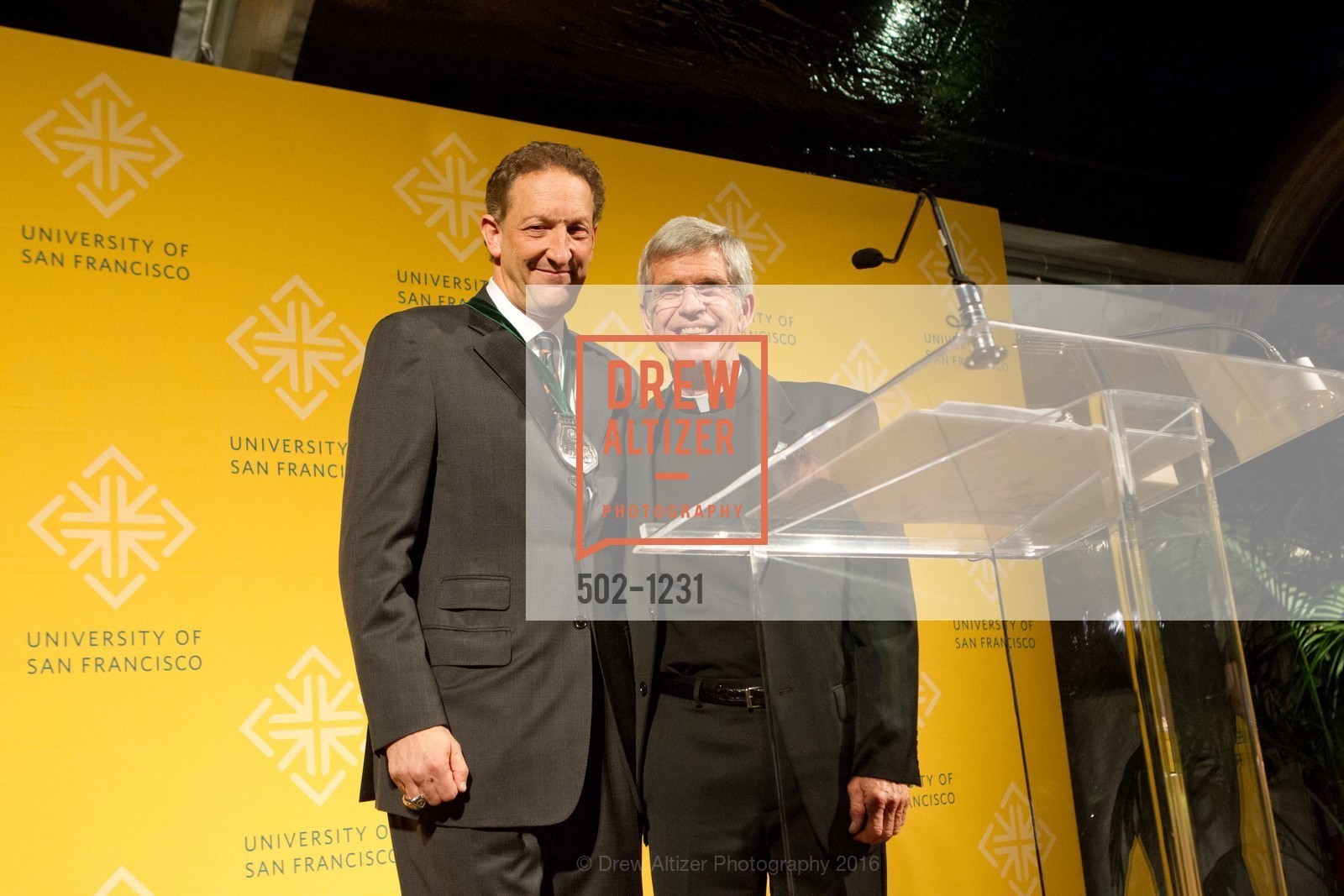 Larry Baer, Father Steve Privett, USF California Prize, University of San Francisco. San Francisco, California, May 25th, 2016, Photo #502-1231 Larry Baer, Father Steve Privett, Photo #502-1231