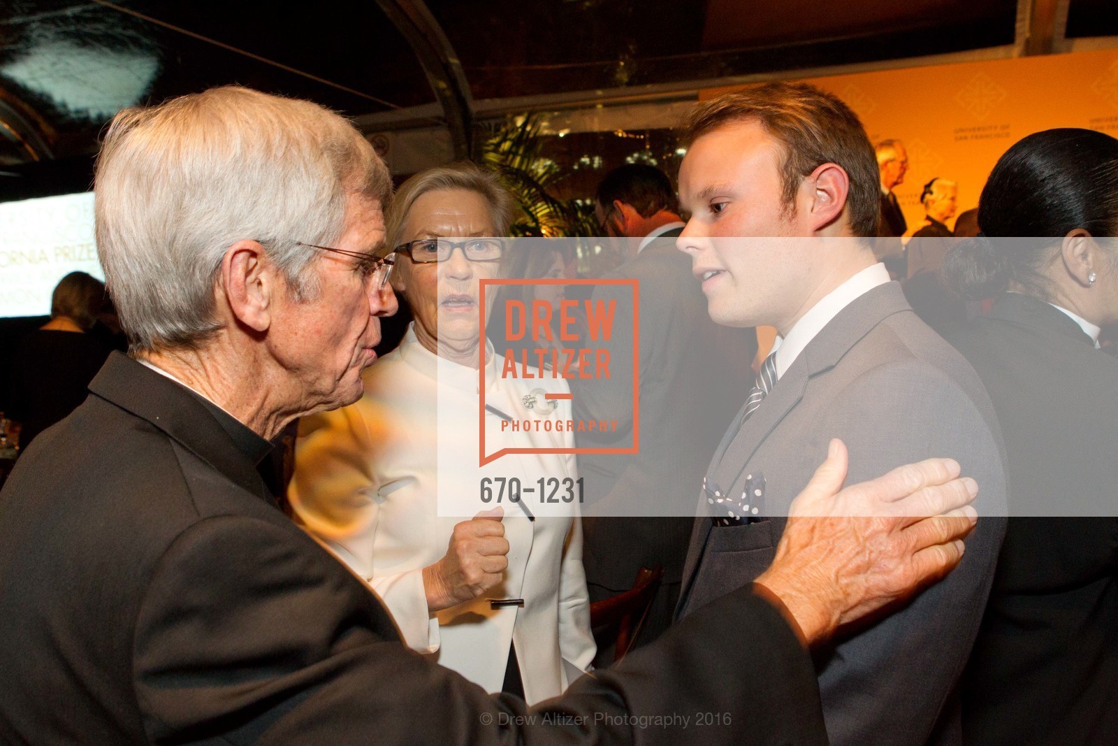 Father Steve Privett, Barbro Osher, Morten Tastum, USF California Prize, University of San Francisco. San Francisco, California, May 25th, 2016, Photo #670-1231 Father Steve Privett, Barbro Osher, Morten Tastum, Photo #670-1231