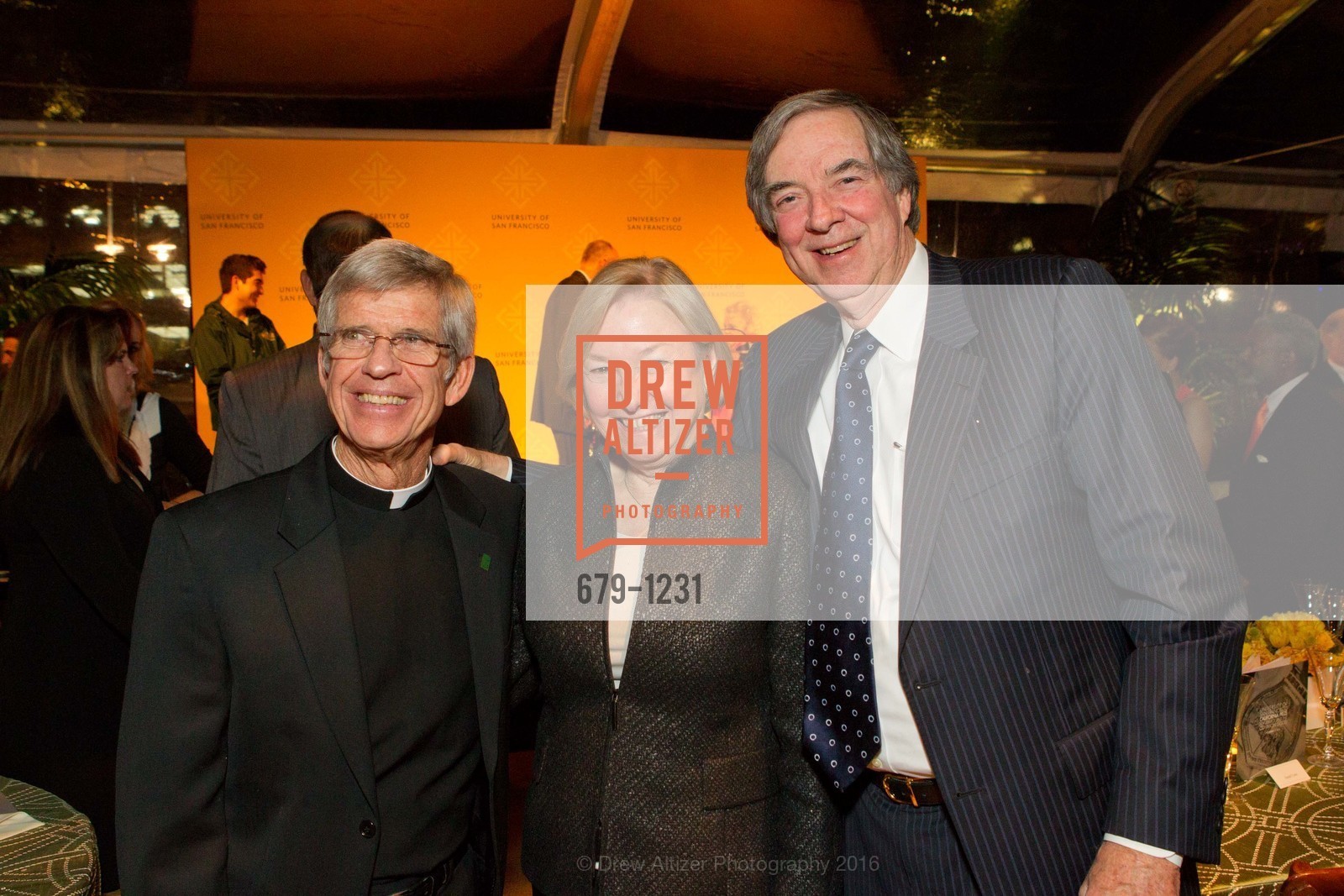 Father Steve Privett, Joan Talbert, David Lyon, USF California Prize, University of San Francisco. San Francisco, California, May 25th, 2016, Photo #679-1231 Father Steve Privett, Joan Talbert, David Lyon, Photo #679-1231