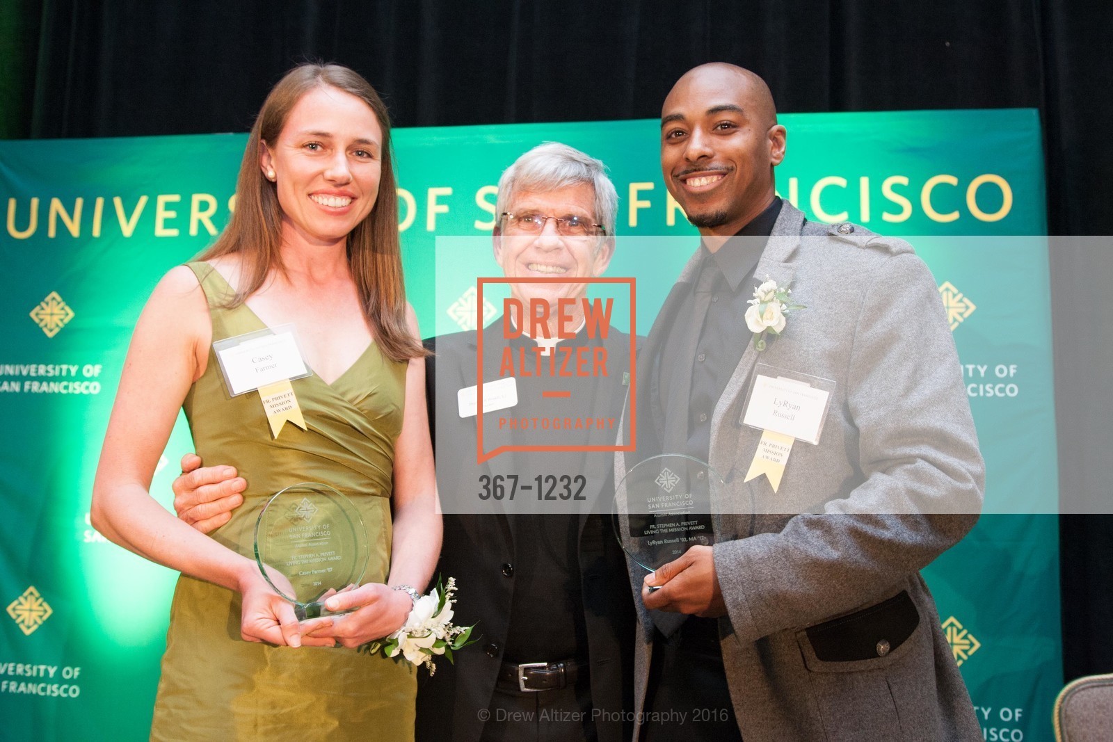 Casey Farmer, Father Stephen Privett, LyRyan Russell, USF Alumni Awards Gala, Fairmont Hotel. San Francisco, California, May 25th, 2016, Photo #367-1232 Casey Farmer, Father Stephen Privett, LyRyan Russell, Photo #367-1232