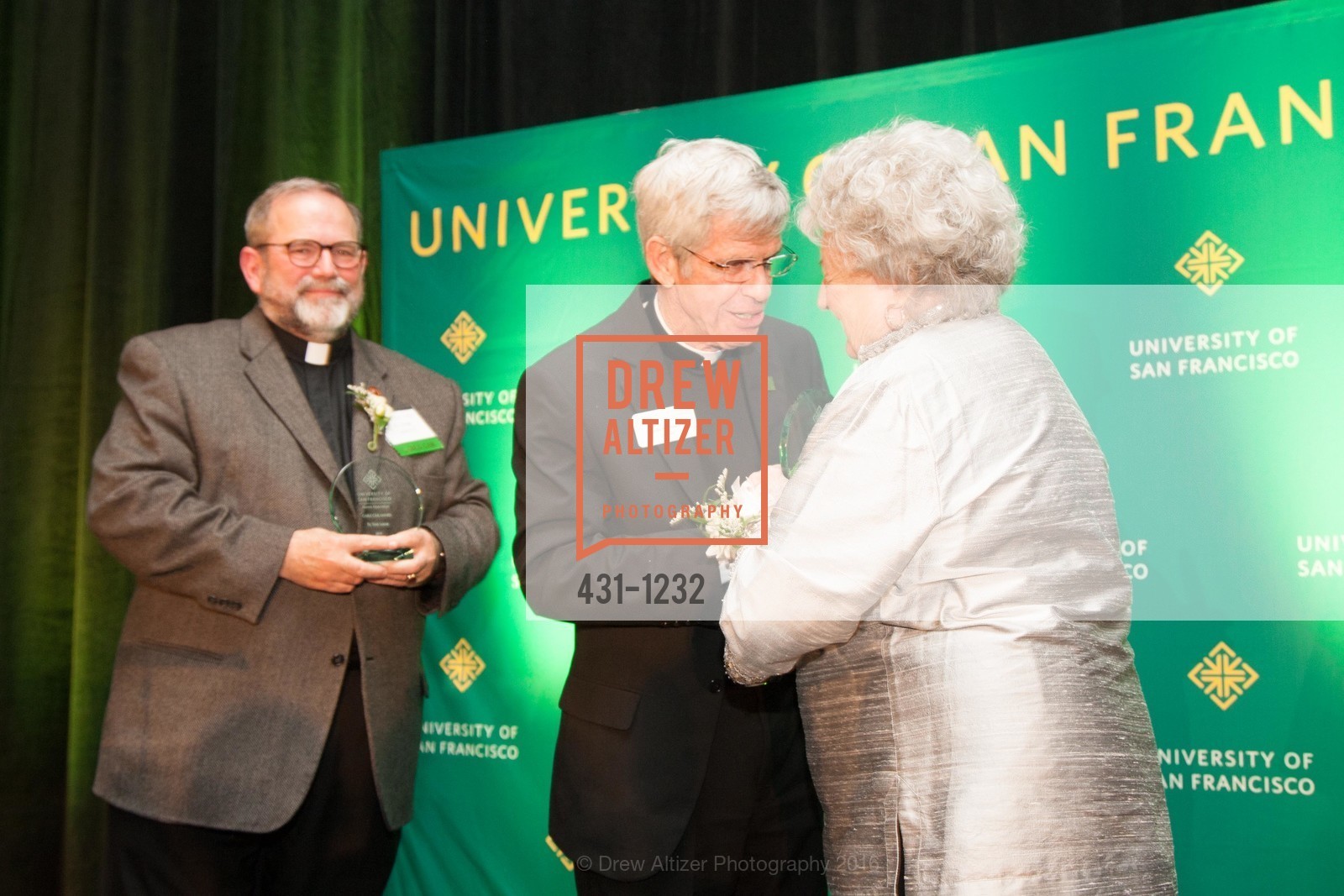 Father Tom Lucas, Father Stephen Privett, Jeanie Henneberry, USF Alumni Awards Gala, Fairmont Hotel. San Francisco, California, May 25th, 2016, Photo #431-1232 Father Tom Lucas, Father Stephen Privett, Jeanie Henneberry, Photo #431-1232