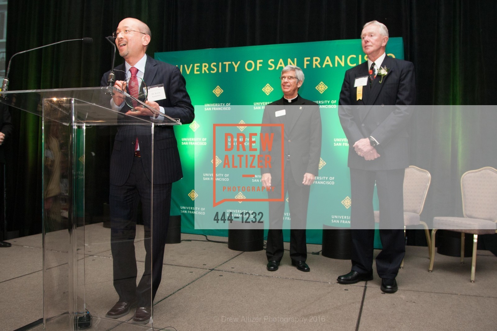 Kevin Kumashiro, Father Stephen Privett, Hal Urban, USF Alumni Awards Gala, Fairmont Hotel. San Francisco, California, May 25th, 2016, Photo #444-1232 Kevin Kumashiro, Father Stephen Privett, Hal Urban, Photo #444-1232