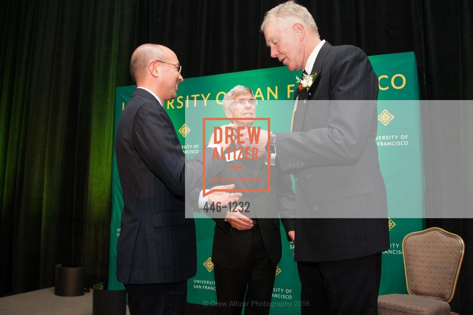 Kevin Kumashiro, Father Stephen Privett, Hal Urban, USF Alumni Awards Gala, Fairmont Hotel. San Francisco, California, May 25th, 2016, Photo #446-1232 Kevin Kumashiro, Father Stephen Privett, Hal Urban, Photo #446-1232