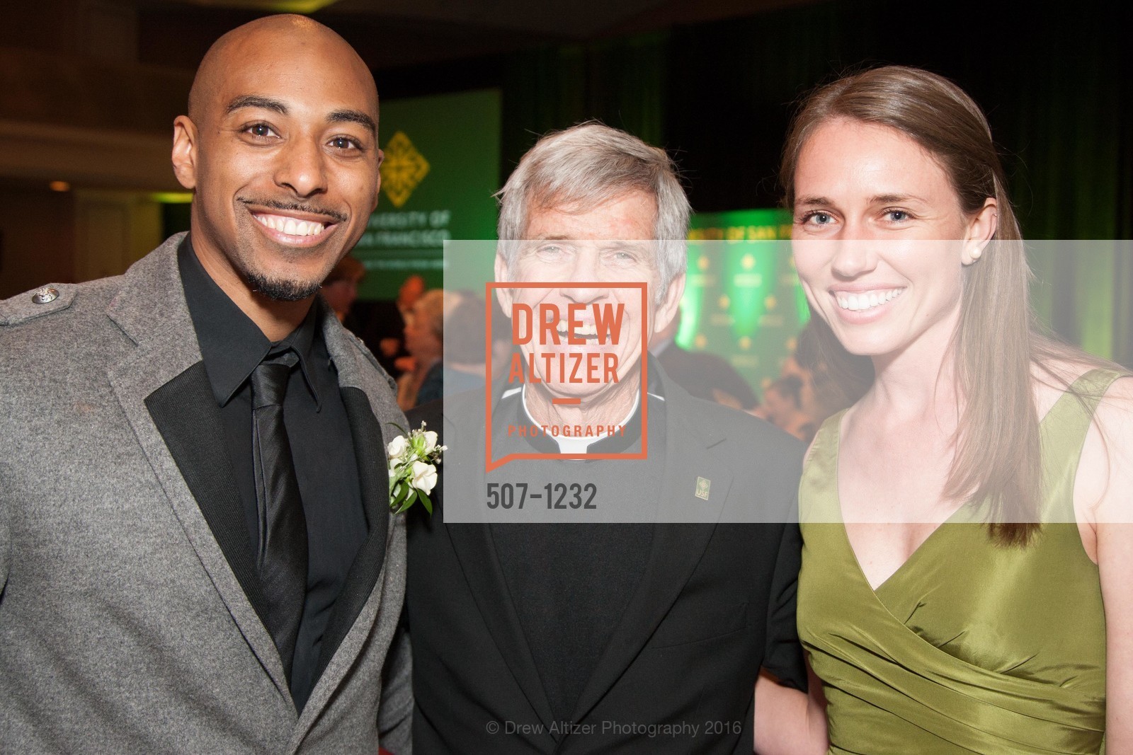 LyRyan Russell, Father Stephen Privett, Casey Farmer, USF Alumni Awards Gala, Fairmont Hotel. San Francisco, California, May 25th, 2016, Photo #507-1232 LyRyan Russell, Father Stephen Privett, Casey Farmer, Photo #507-1232