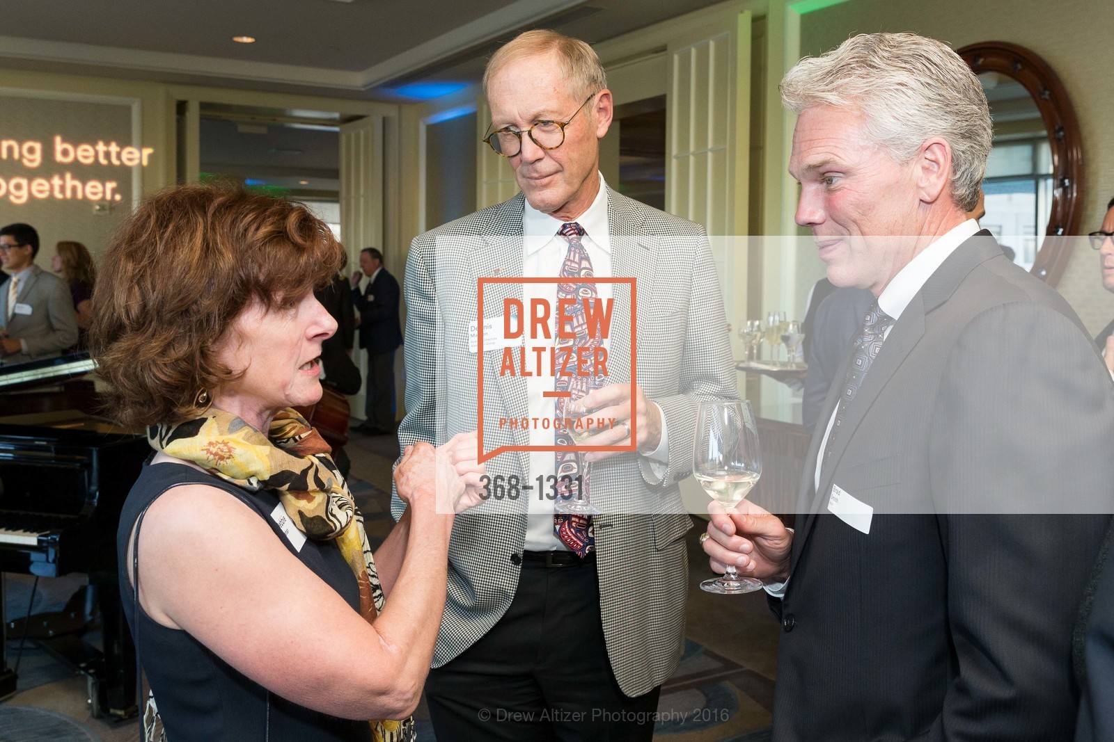 Debbie Mahan, Dennis Madsen, Brad Smith, Alaska Airlines Community Reception, Four Season Hotel. 757 Market Street, August 2nd, 2016, Photo #368-1331 Debbie Mahan, Dennis Madsen, Brad Smith, Photo #368-1331