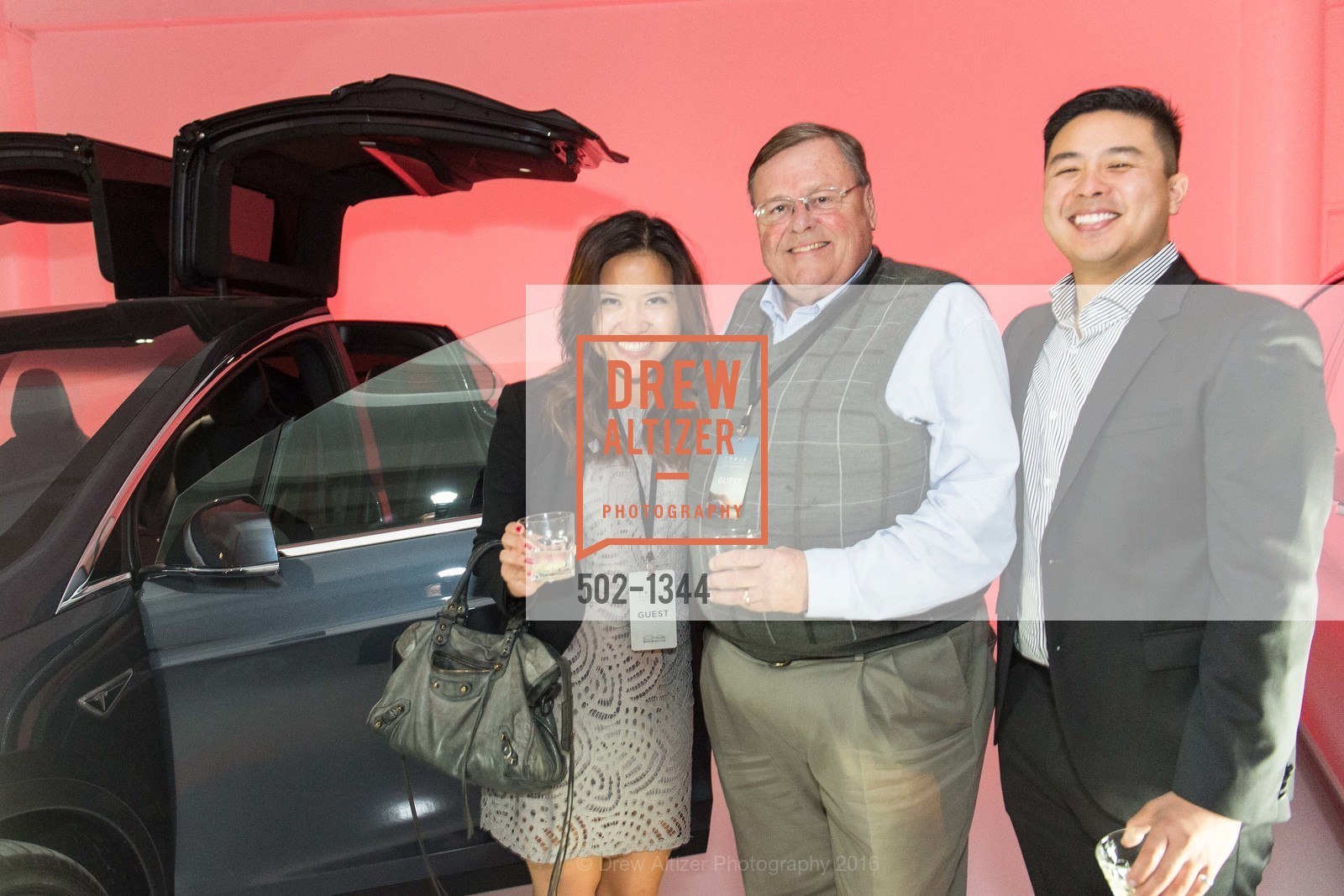Annie Huang, Mike Miller, Kevin Wang, Tesla San Francisco Store Opening VIP Event, 999 Van Ness Ave, San Francisco, CA 94109. 999 Van Ness Ave, San Francisco, CA 94109, August 9th, 2016, Photo #502-1344 Annie Huang, Mike Miller, Kevin Wang, Photo #502-1344