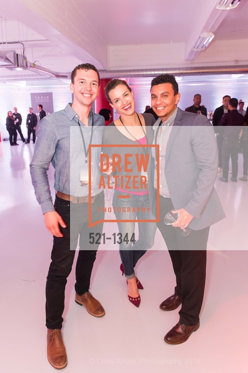 Chris Queen, Eden Wherell, Carlos Makhla, Tesla San Francisco Store Opening VIP Event, 999 Van Ness Ave, San Francisco, CA 94109. 999 Van Ness Ave, San Francisco, CA 94109, August 9th, 2016, Photo #521-1344 Chris Queen, Eden Wherell, Carlos Makhla, Photo #521-1344