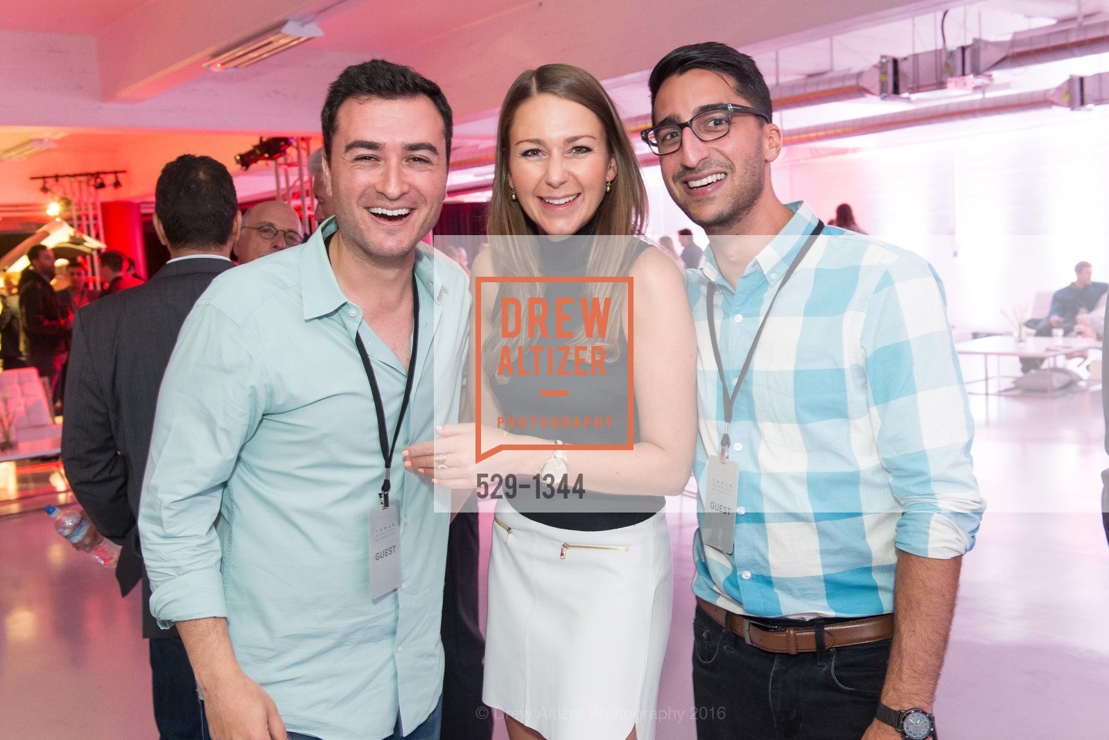 Daniel Stern, Miriam Melchors, Nate Ebrahimoon, Tesla San Francisco Store Opening VIP Event, 999 Van Ness Ave, San Francisco, CA 94109. 999 Van Ness Ave, San Francisco, CA 94109, August 9th, 2016, Photo #529-1344 Daniel Stern, Miriam Melchors, Nate Ebrahimoon, Photo #529-1344