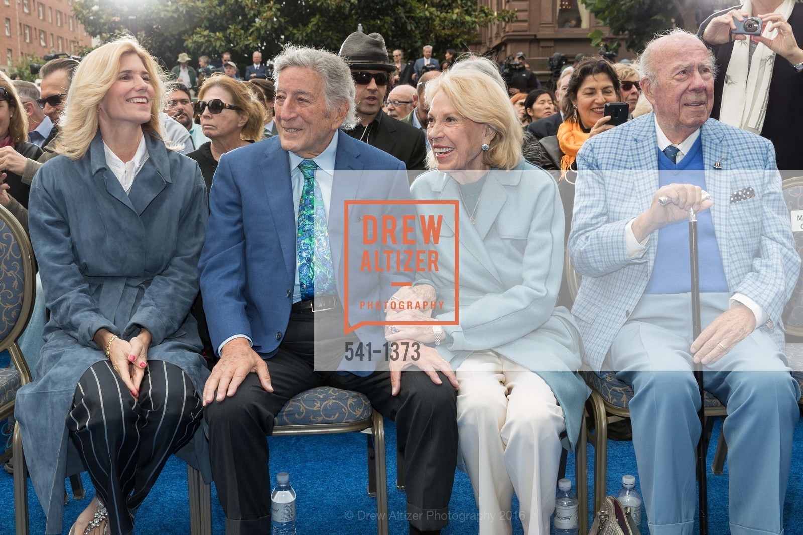 Susan Benedetto, Tony Bennett, Charlotte Shultz, George Shultz, Public Dedication & Unveiling for Tony Bennett Commemorative Statue, San Francisco. San Francisco, July 21st, 2023, Photo #541-1373 Susan Benedetto, Tony Bennett, Charlotte Shultz, George Shultz, Photo #541-1373