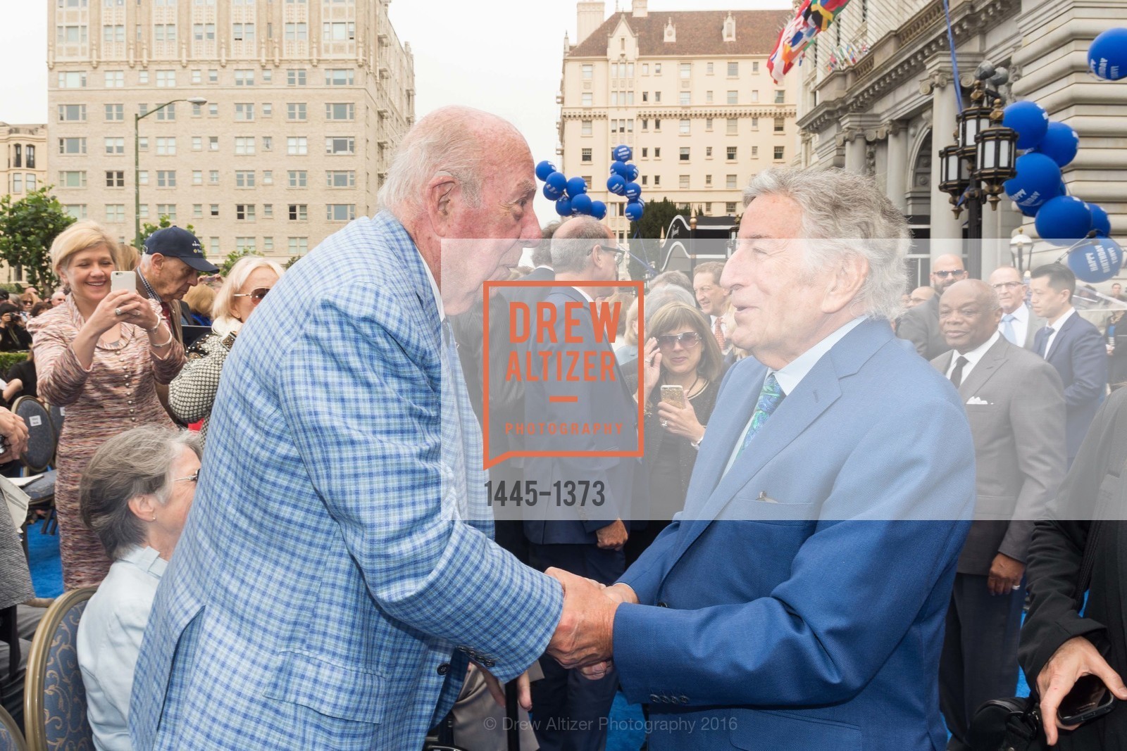 George Shultz, Tony Bennett, Public Dedication & Unveiling for Tony Bennett Commemorative Statue, San Francisco. San Francisco, July 21st, 2023, Photo #1445-1373 George Shultz, Tony Bennett, Photo #1445-1373