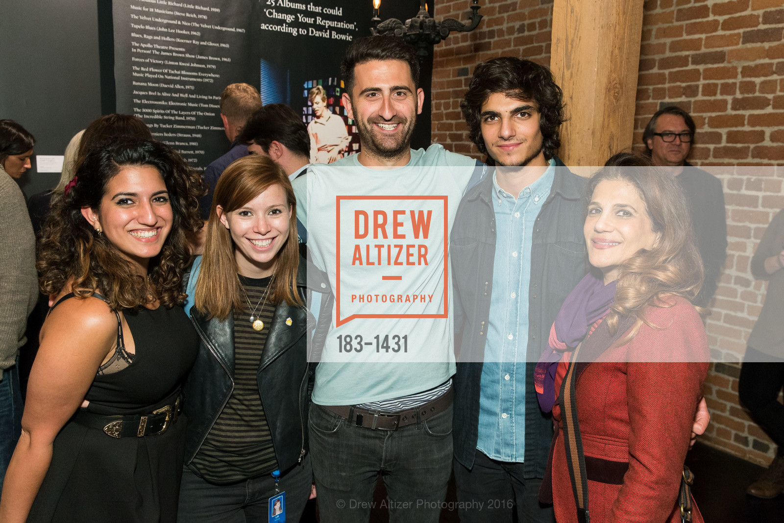 Mina Vargas, Lily Salzberg, Joe Bernstein, Aaron Waterman, Miriam Khosh, SF Bowie Exhibition, Reception, Dinner & After Party, Exhibition. 74 Langton St, September 22nd, 2016, Photo #183-1431 Mina Vargas, Lily Salzberg, Joe Bernstein, Aaron Waterman, Miriam Khosh, Photo #183-1431