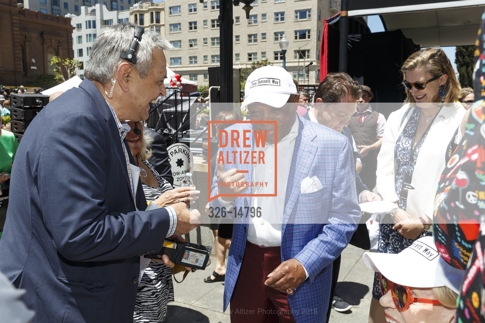 Willie Brown, Liam Mayclem, Sheila Ortona, "Tony Bennett Way" Block Party and Street Sign Unveiling, Fairmont. 950 Mason St, June 2nd, 2018, Photo #326-14796 Willie Brown, Liam Mayclem, Sheila Ortona, Photo #326-14796