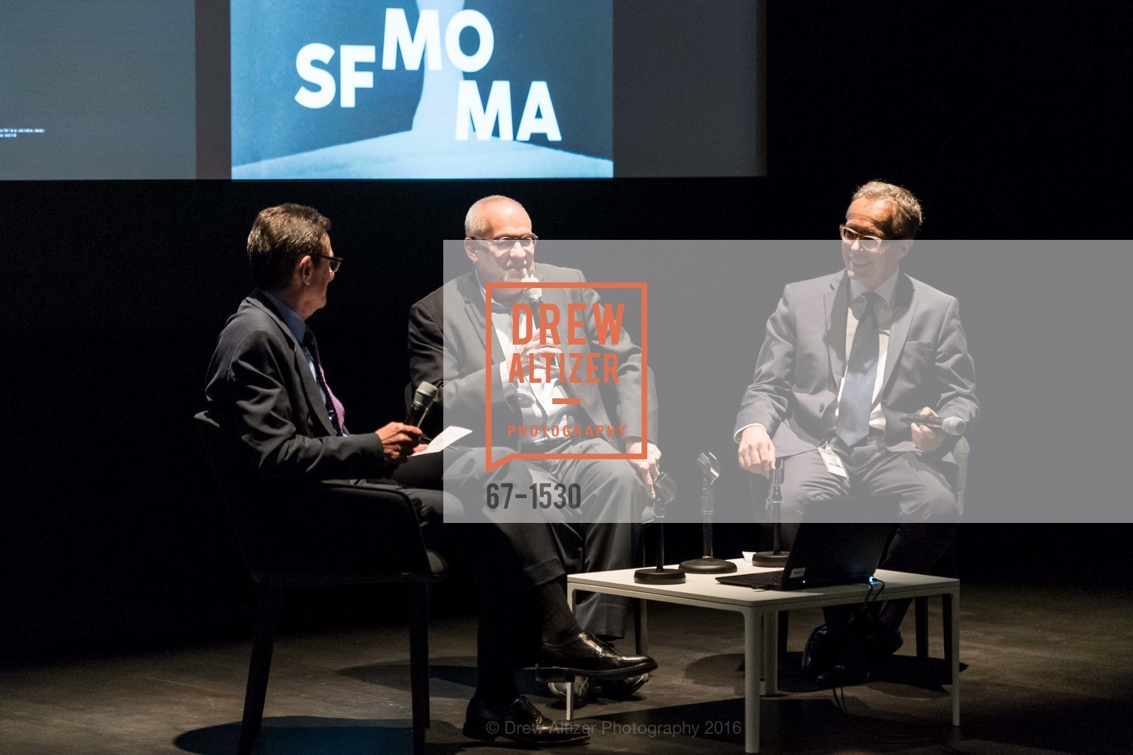 Neal Benezra, Gary Garrels, Rudolf Frieling, SFMOMA Curators’ Circle/Director’s Circle Reception for Bruce Conner: It’s All True, SFMOMA. 2525 Van Ness St, October 26th, 2016, Photo #67-1530 Neal Benezra, Gary Garrels, Rudolf Frieling, Photo #67-1530