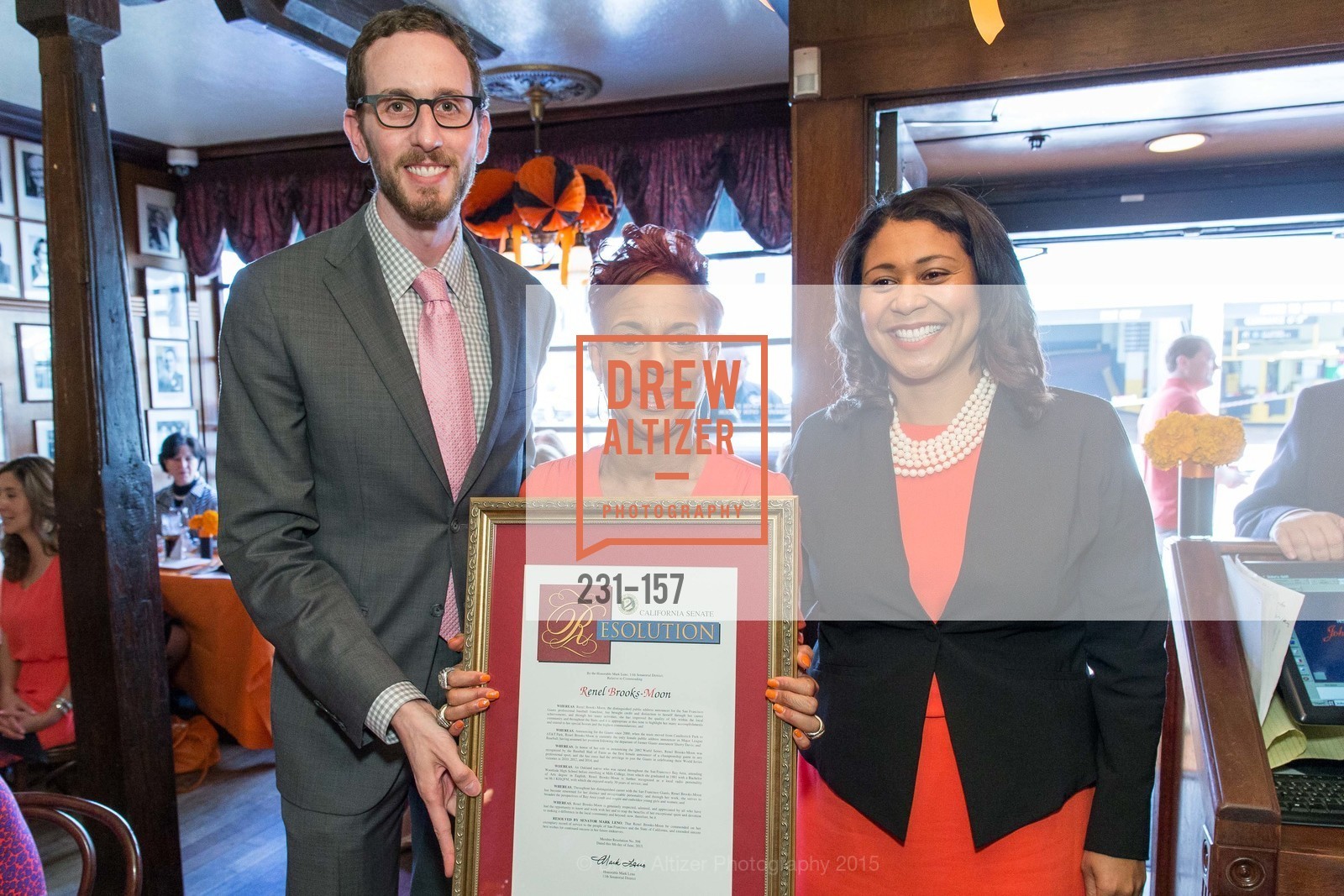 Scott Wiener, Renel Brooks-Moon, London Breed, 3-Ring Lunch Celebration honoring Renel Brooks-Moon, John's Grill. 63 Ellis Street, June 7th, 2015