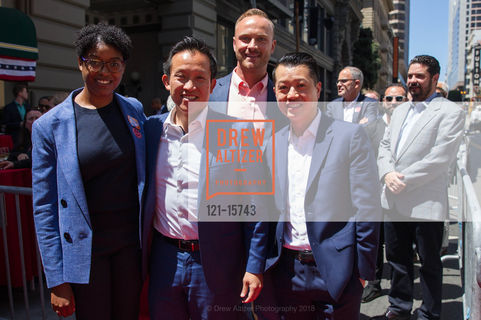 Christine Johnson, David Chiu, Joey Blaszczyk, Francis Tsang, Election Day Luncheon at John's Grill, John's Grill. 53 Ellis St, June 5th, 2018, Photo #121-15743 Christine Johnson, David Chiu, Joey Blaszczyk, Francis Tsang, Photo #121-15743