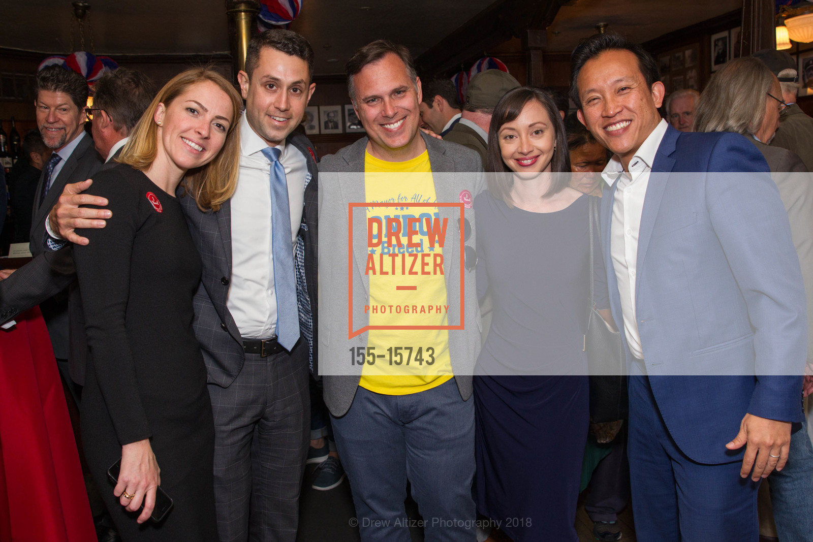 Nicole Elliott, Jason Elliott, Justin True, Andrea Bruss, David Chiu, Election Day Luncheon at John's Grill, John's Grill. 53 Ellis St, June 5th, 2018, Photo #155-15743 Nicole Elliott, Jason Elliott, Justin True, Andrea Bruss, David Chiu, Photo #155-15743