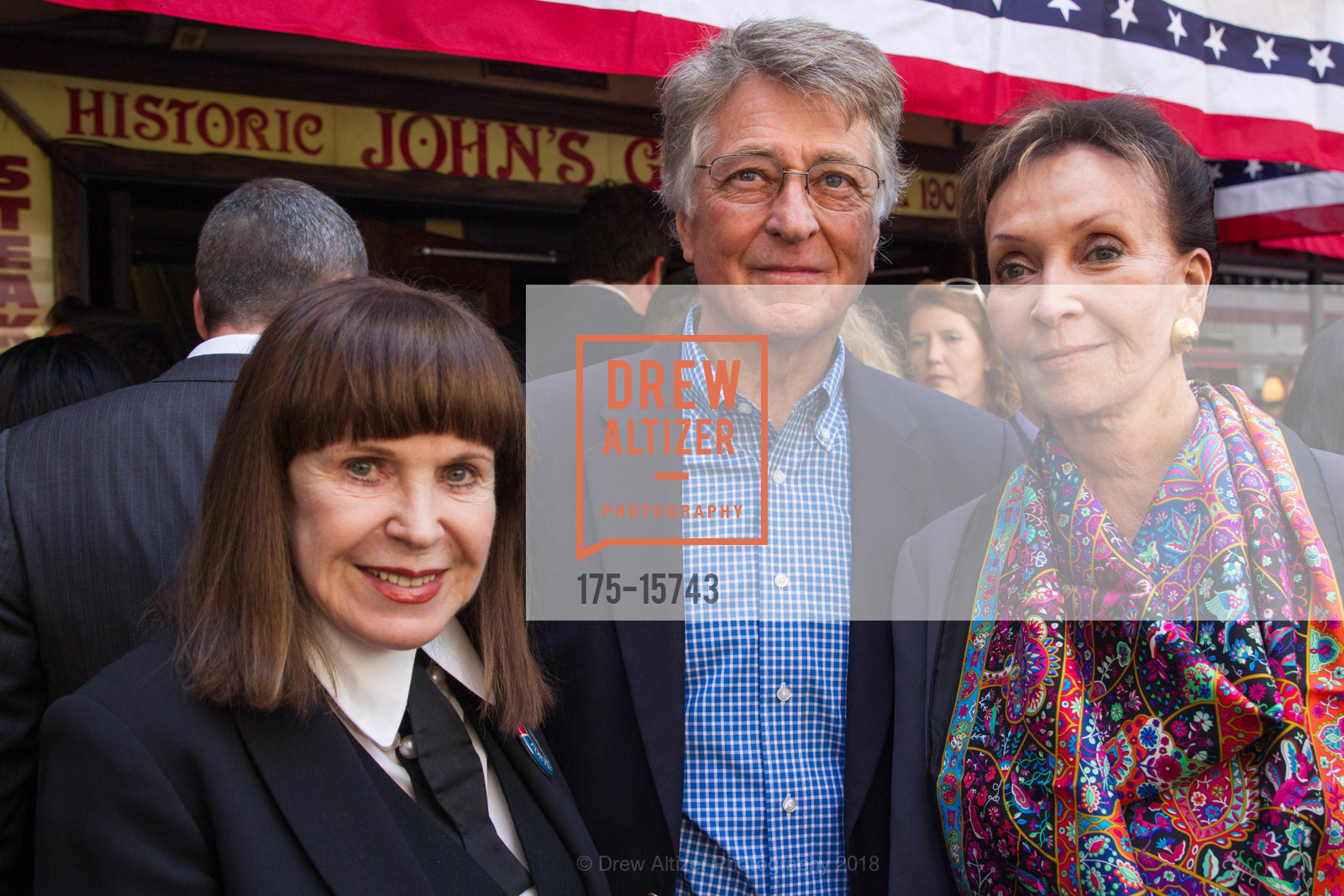 Ann Caen, Leon Huntting, Sallie Huntting, Election Day Luncheon at John's Grill, John's Grill. 53 Ellis St, June 5th, 2018, Photo #175-15743 Ann Caen, Leon Huntting, Sallie Huntting, Photo #175-15743