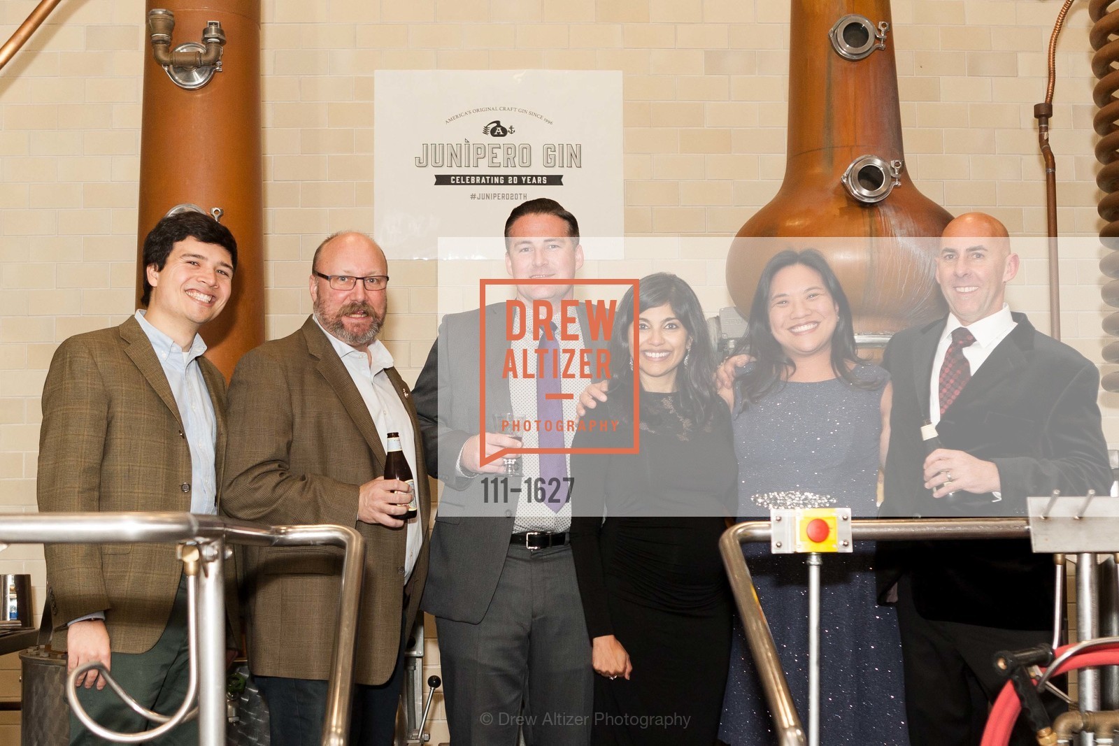 Tristan Leder, Scott Ungermann, Adam Hall, Amina Yo, Carolyn Stewart, Anchor Distillery's 20 Years of Juniper Gin, 1705 Mariposa Street. 1705 Mariposa Street, Photo #111-1627 Tristan Leder, Scott Ungermann, Adam Hall, Amina Yo, Carolyn Stewart, Photo #111-1627