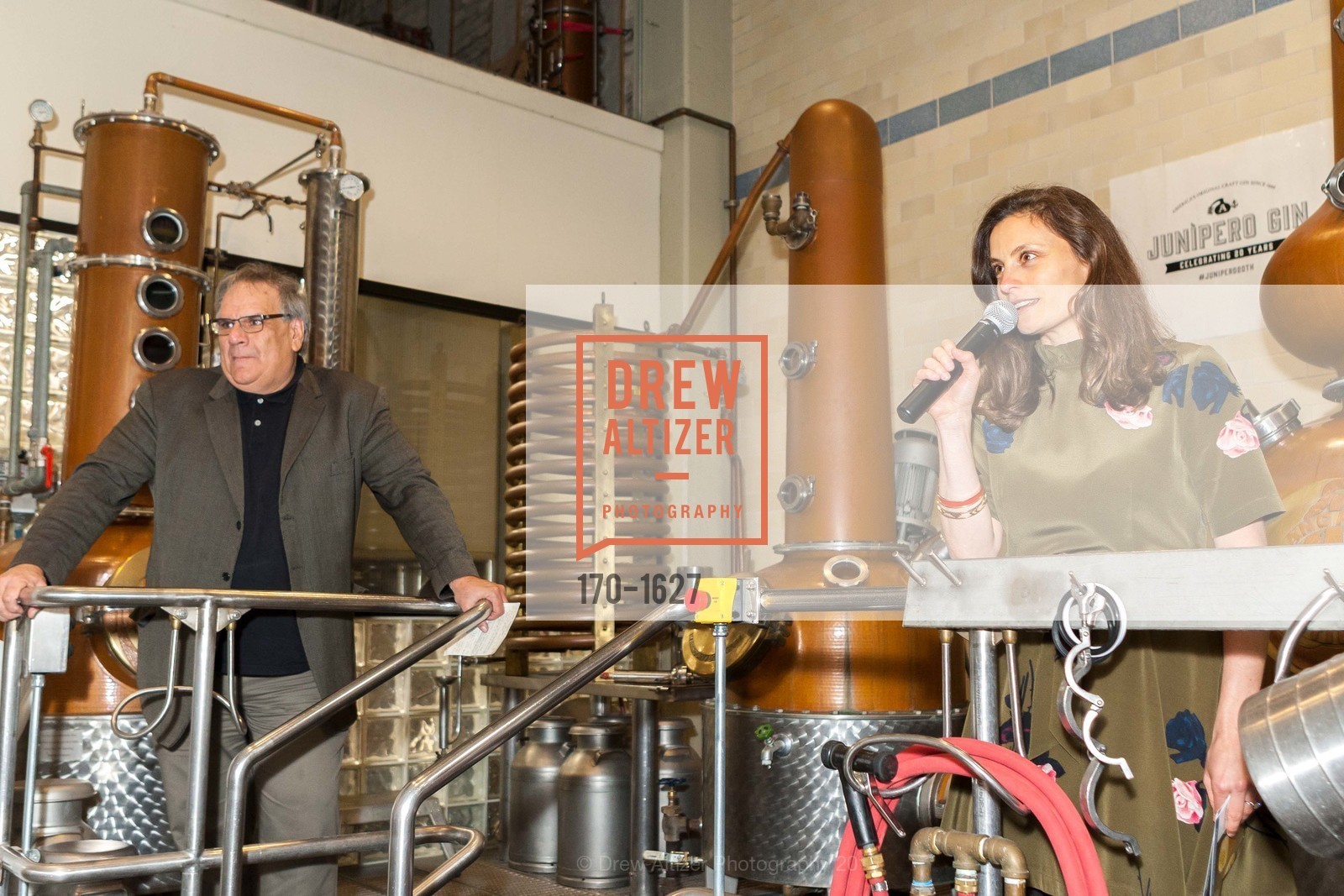 Bruce Joseph, Distiller, Morgan Robbat, Anchor Distillery's 20 Years of Juniper Gin, 1705 Mariposa Street. 1705 Mariposa Street, December 5th, 2016, Photo #170-1627 Bruce Joseph, Distiller, Morgan Robbat, Photo #170-1627