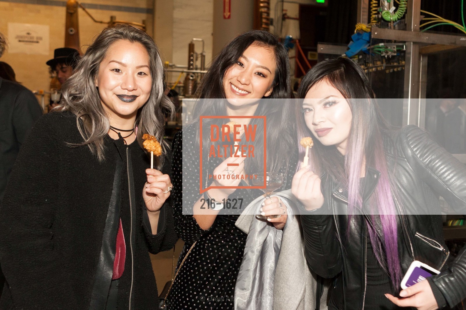 Nanette Wong, Tiffany Wang, Cristina Visue, Anchor Distillery's 20 Years of Juniper Gin, 1705 Mariposa Street. 1705 Mariposa Street, Photo #216-1627 Nanette Wong, Tiffany Wang, Cristina Visue, Photo #216-1627