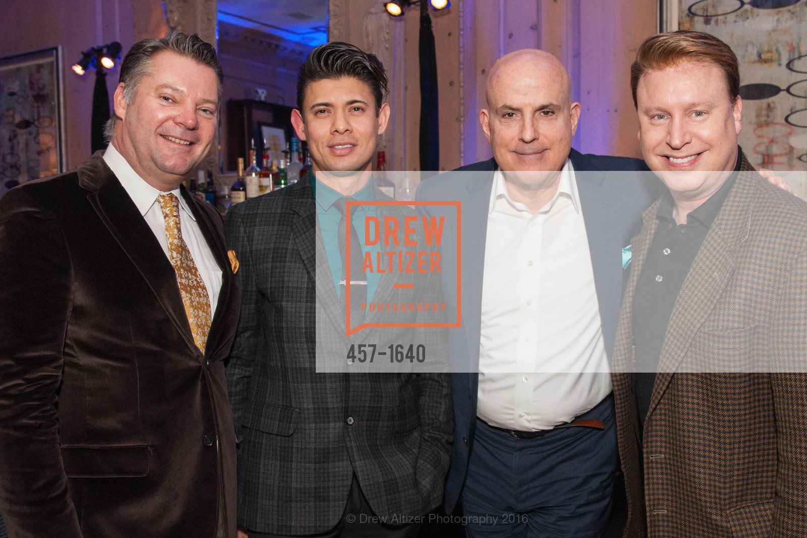 Andreas Rippel, Alvaro Ibarra, Larry Block, Doug Waggener, Gregg Lynn and Glenn Risso's Engagement Party, Farimont Hotel, Penthouse. San Francisco, California, December 7th, 2016, Photo #457-1640 Andreas Rippel, Alvaro Ibarra, Larry Block, Doug Waggener, Photo #457-1640
